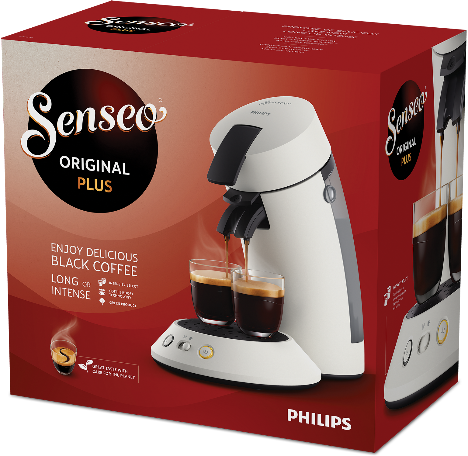 A coffee machine and two cups of coffee on a red box. The coffee machine is white.