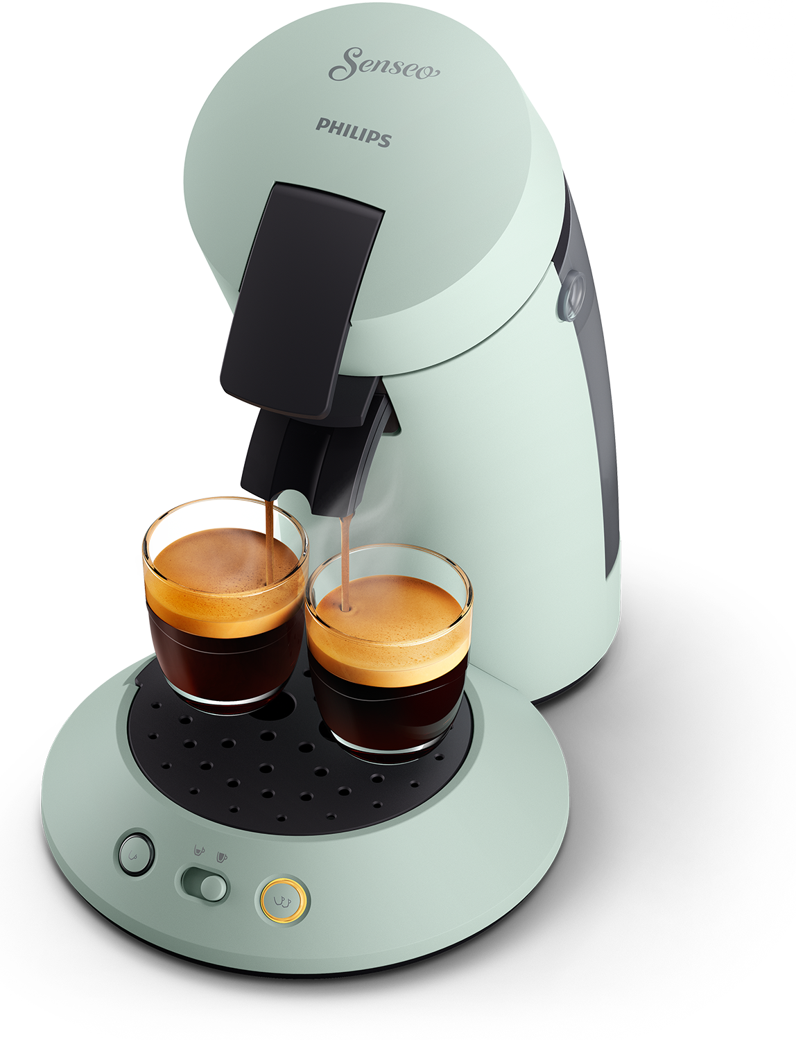 A mint green Senseo coffee maker dispensing coffee into two glass cups on a white surface.