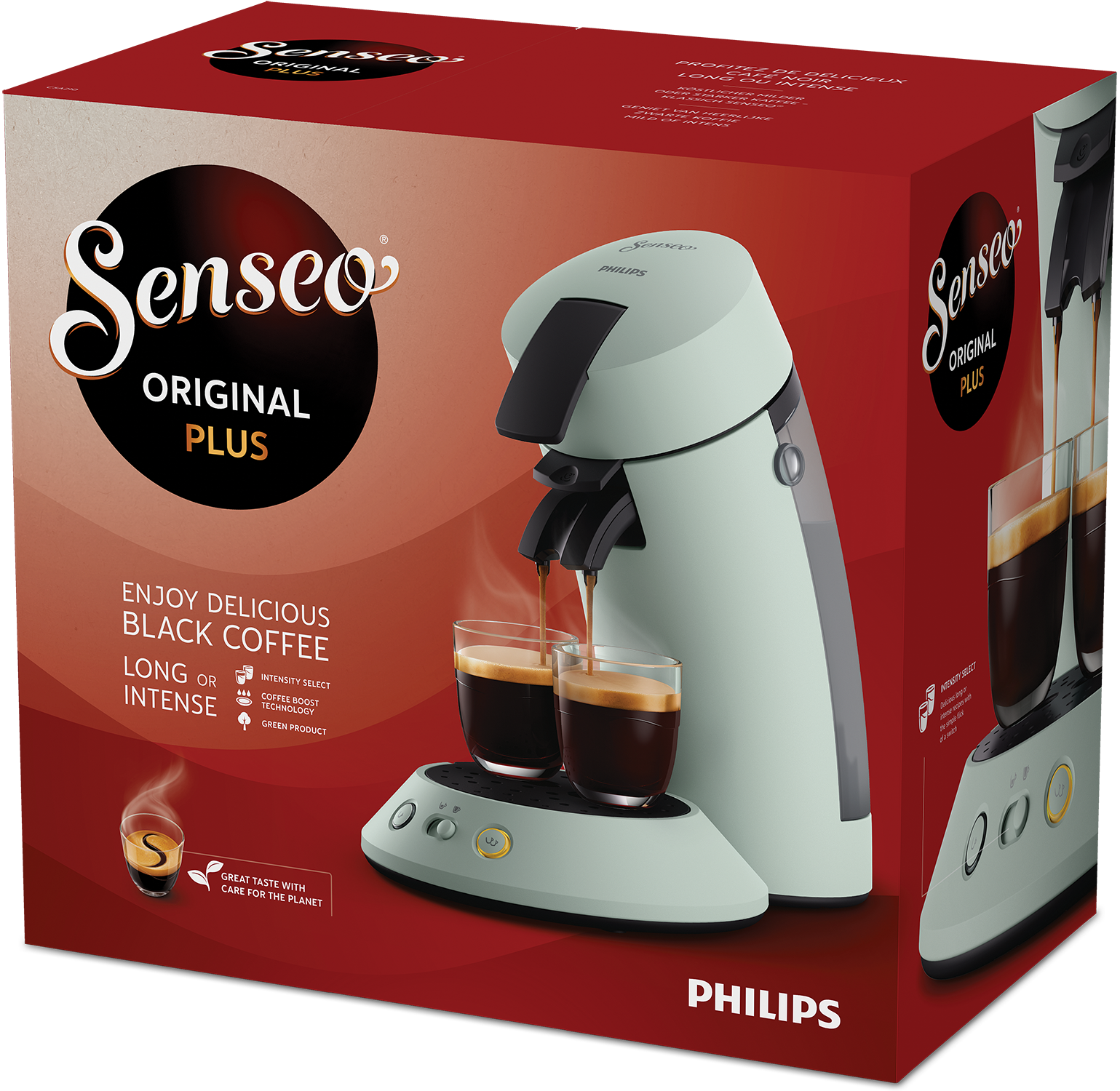 Coffee machine in a box, with two glasses of coffee.