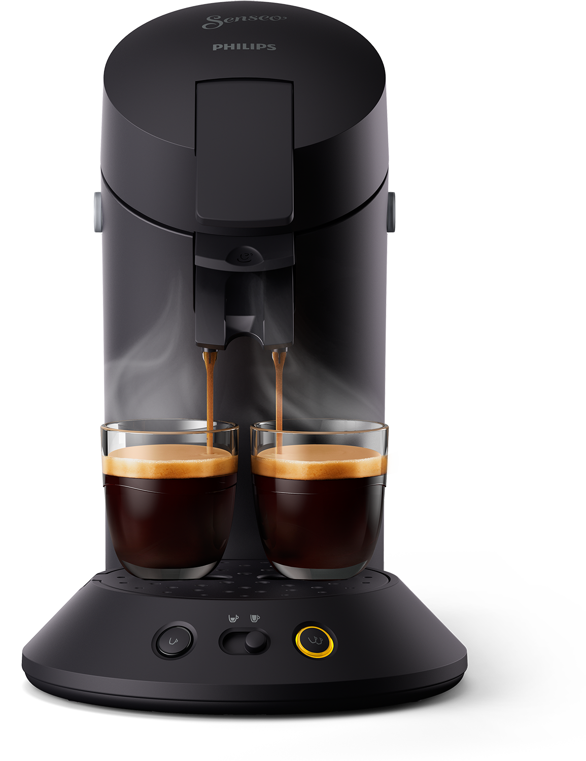 Black Senseo coffee maker with two cups being filled with coffee. Steam is rising.