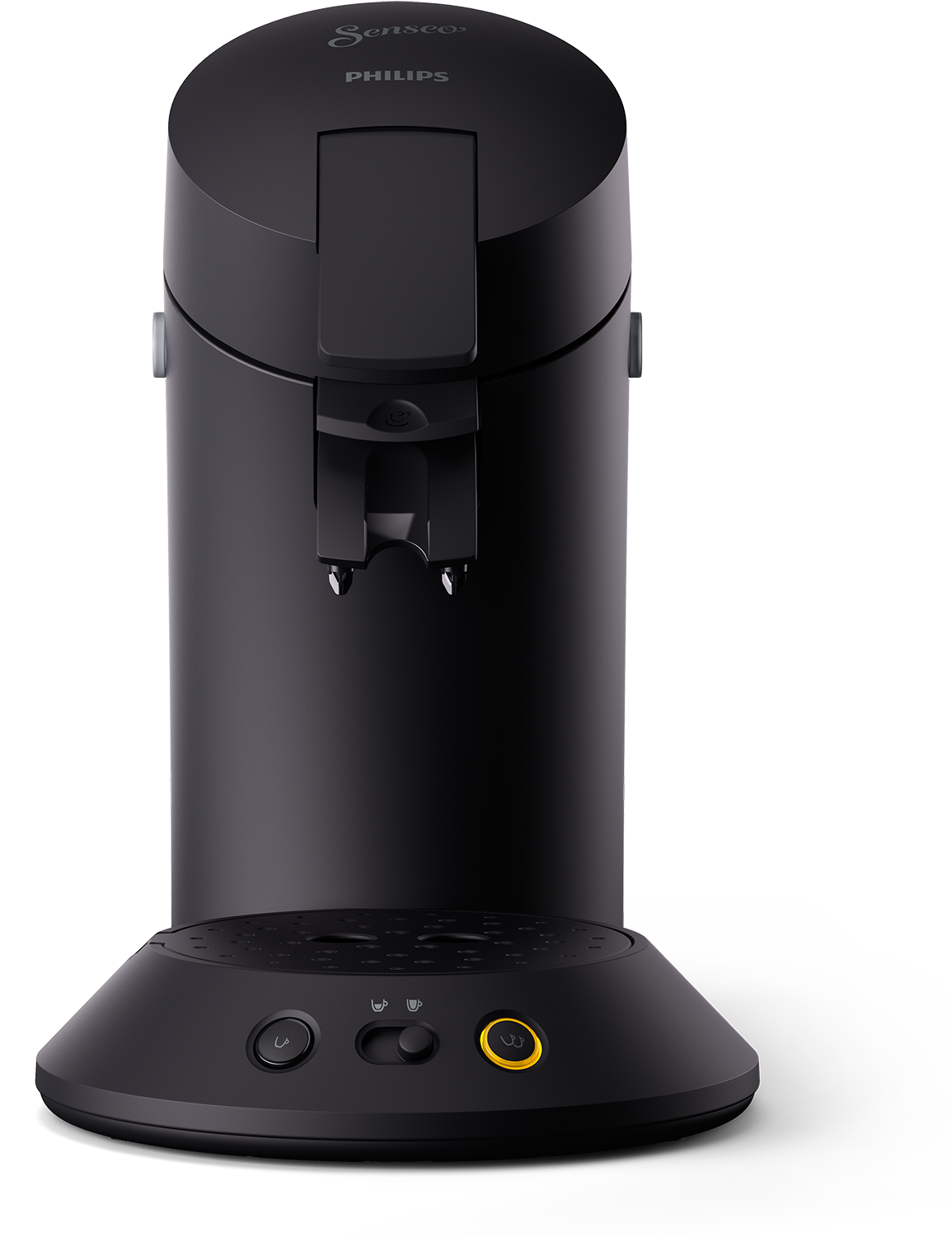 A black Senseo coffee maker. It has a cylindrical body and a small control panel.