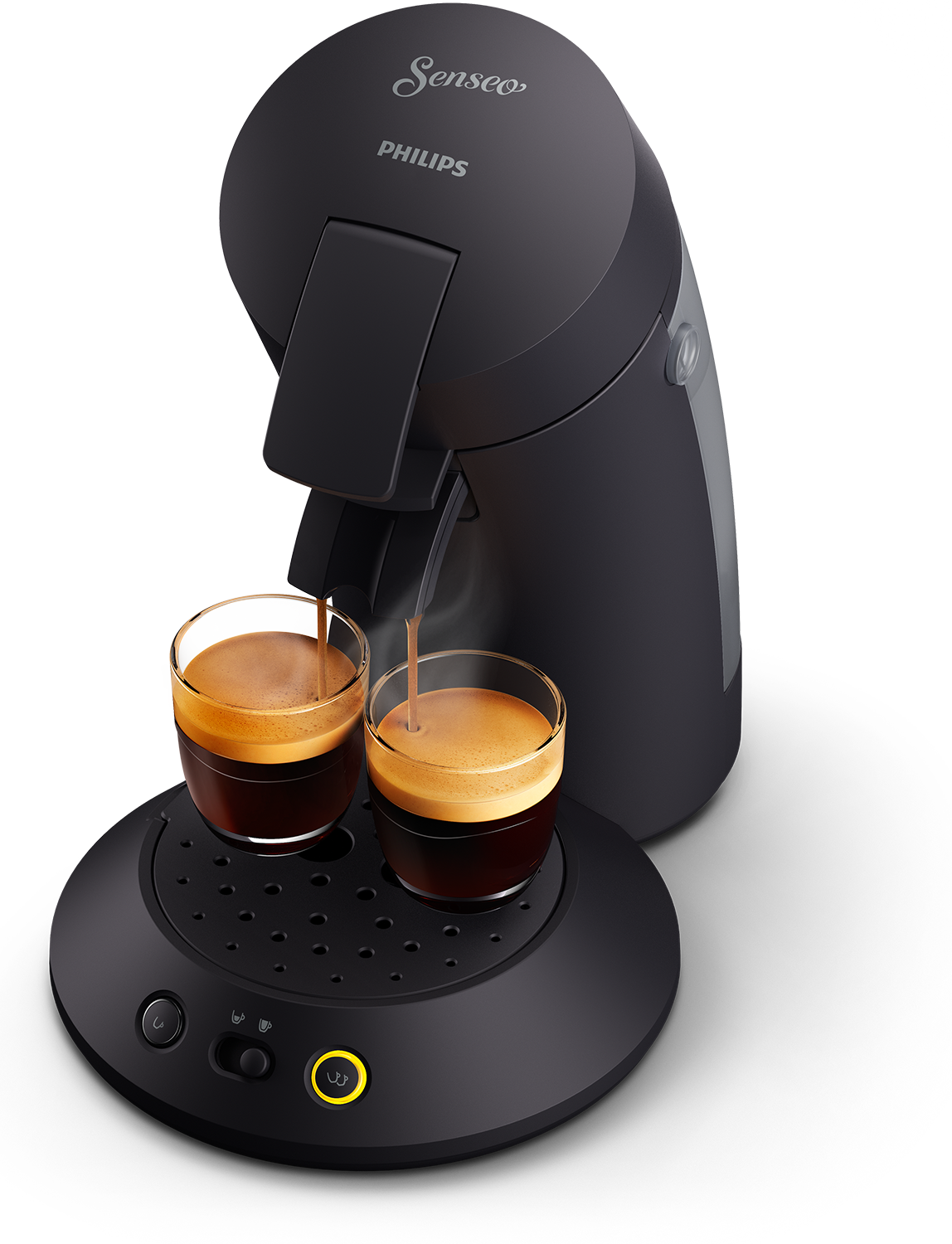 A black Philips Senseo coffee machine with two glasses of coffee being poured.