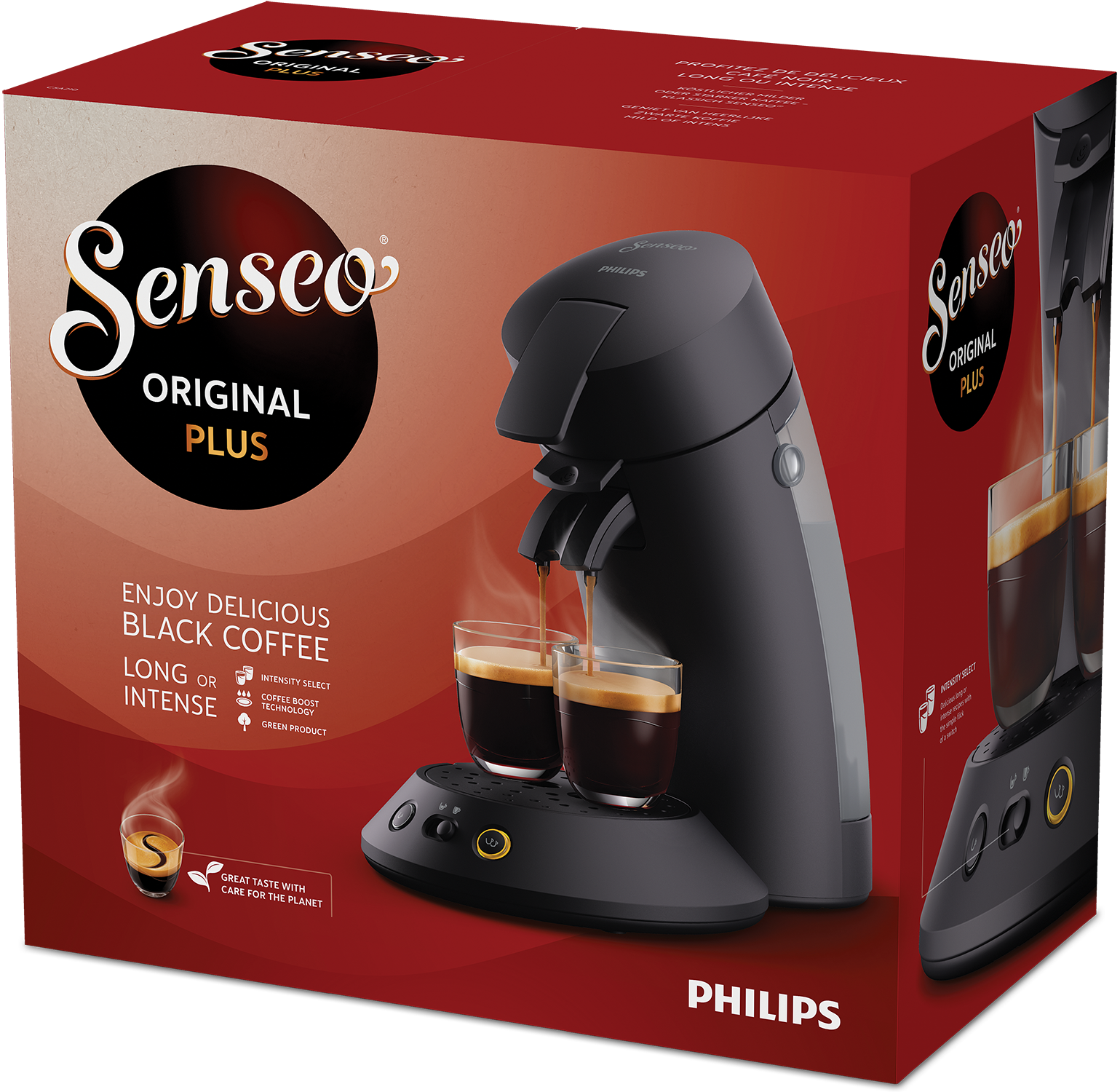A Senseo coffee machine box with a black coffee maker and cups.