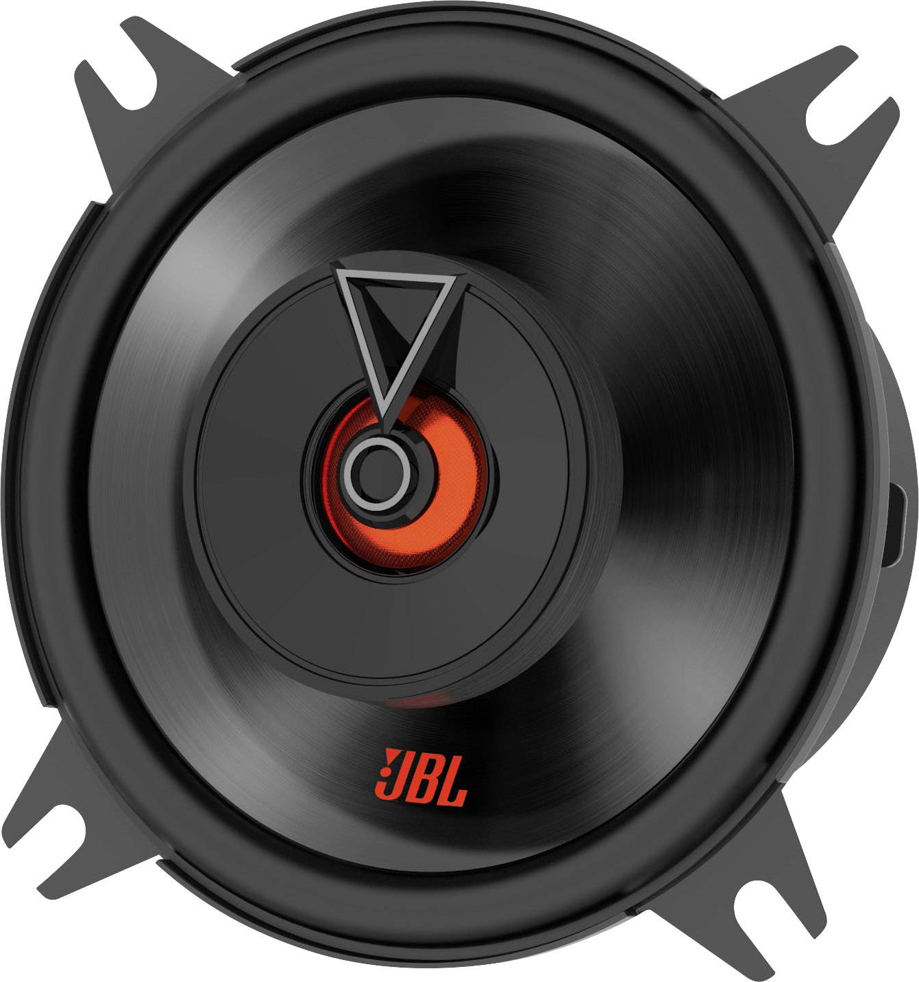 Een zwarte autospeaker met een oranje centrum en het JBL-logo.