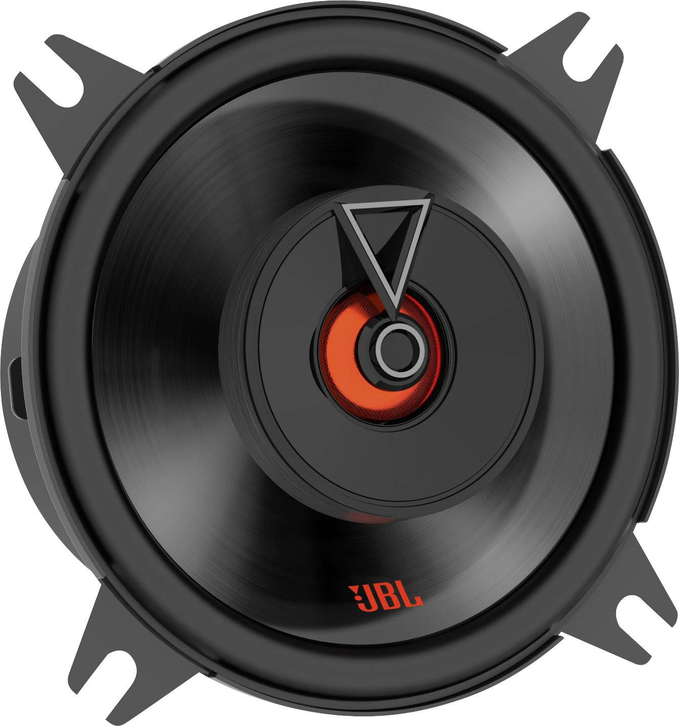 Zwarte speaker met rood JBL logo en beugels. Close-up.