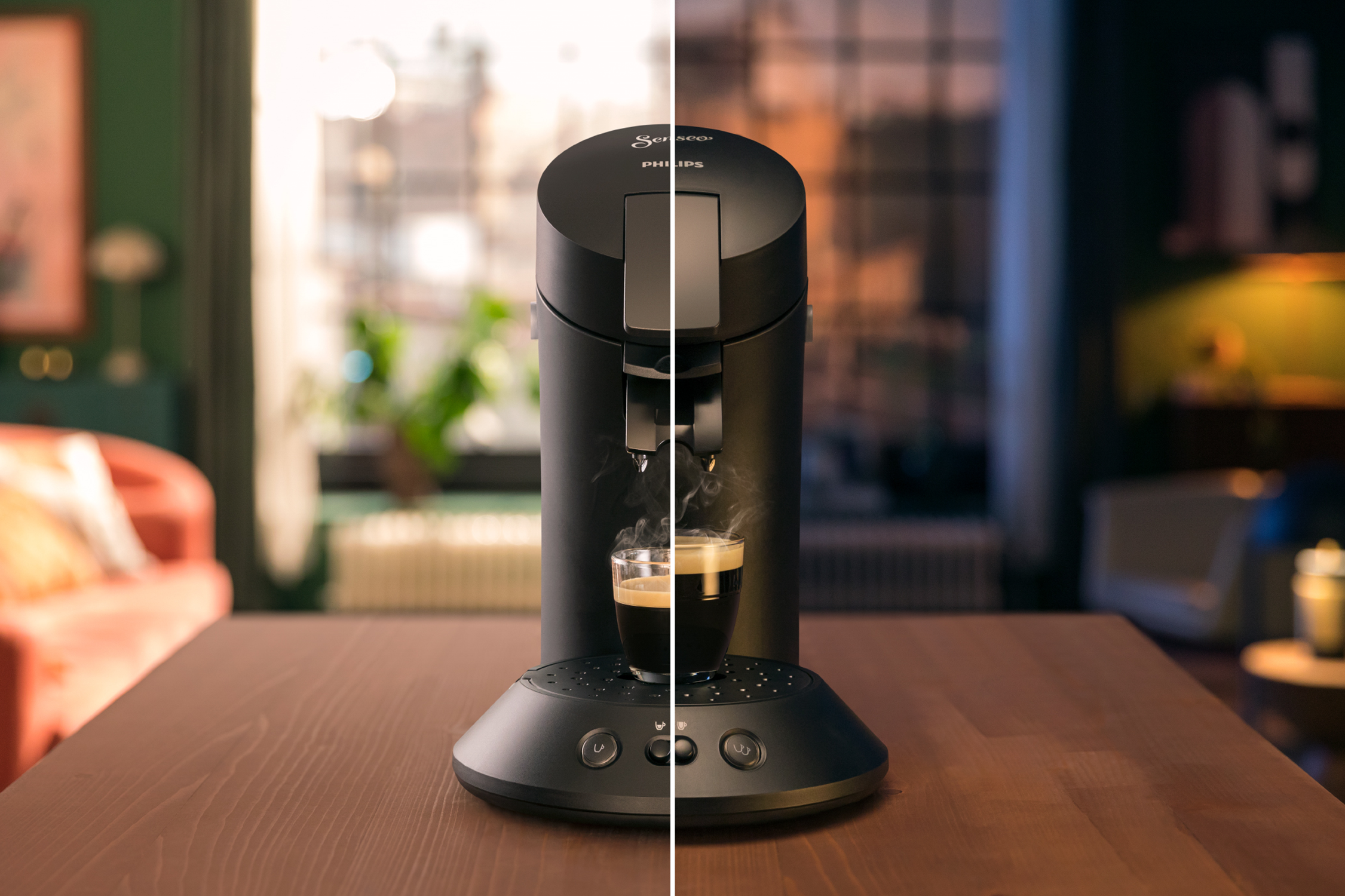 Black Philips Senseo coffee machine on a wooden table. A cup of coffee is in front of it. Split image.