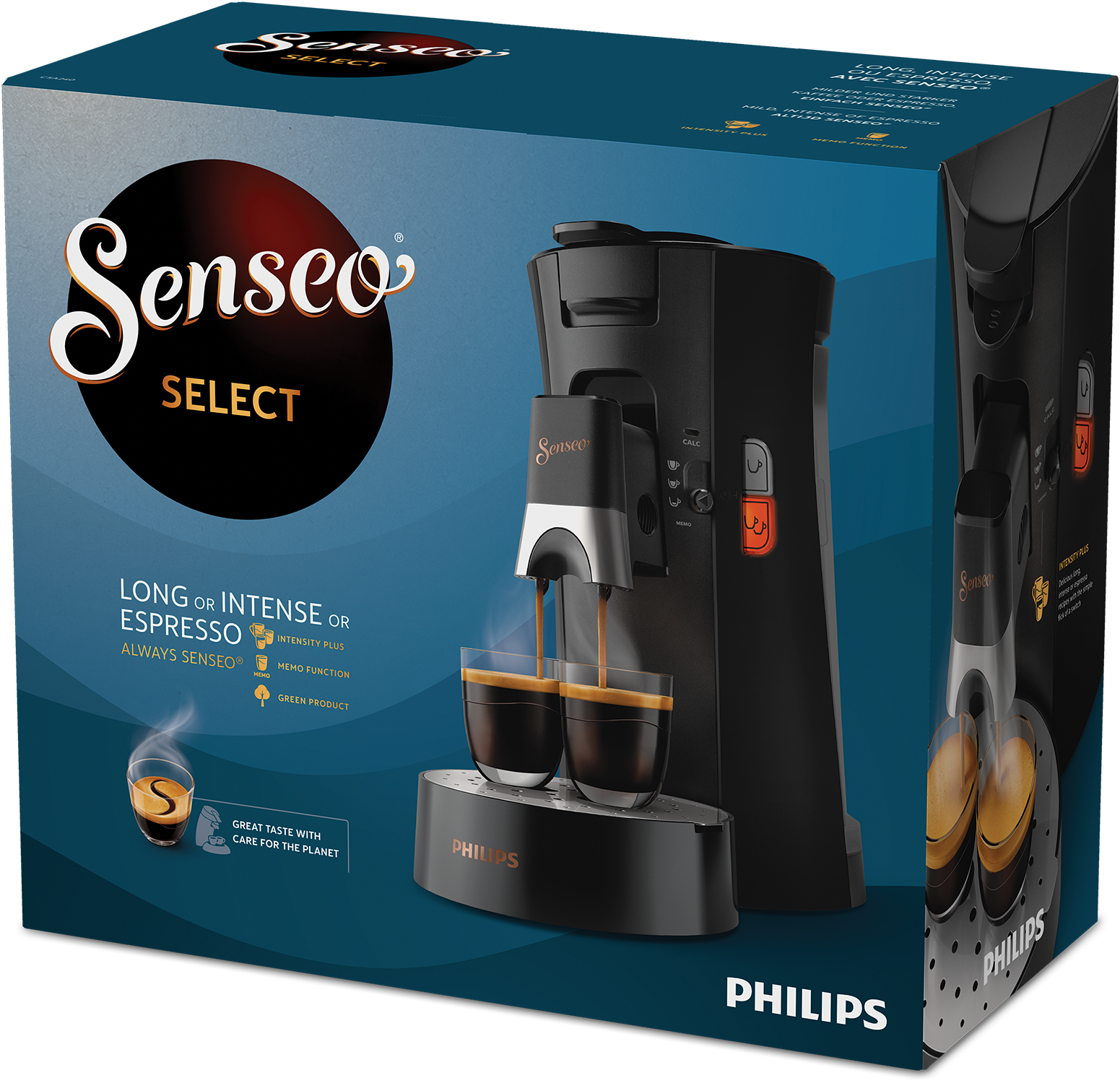 Zwart-zilveren Senseo Select koffiemachine, met koffiekopjes.