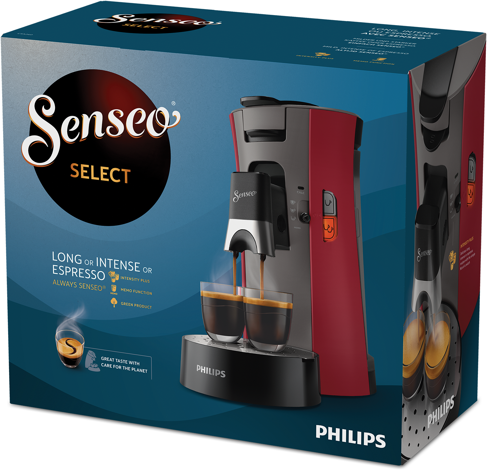 Red and gray Senseo coffee machine with two cups.