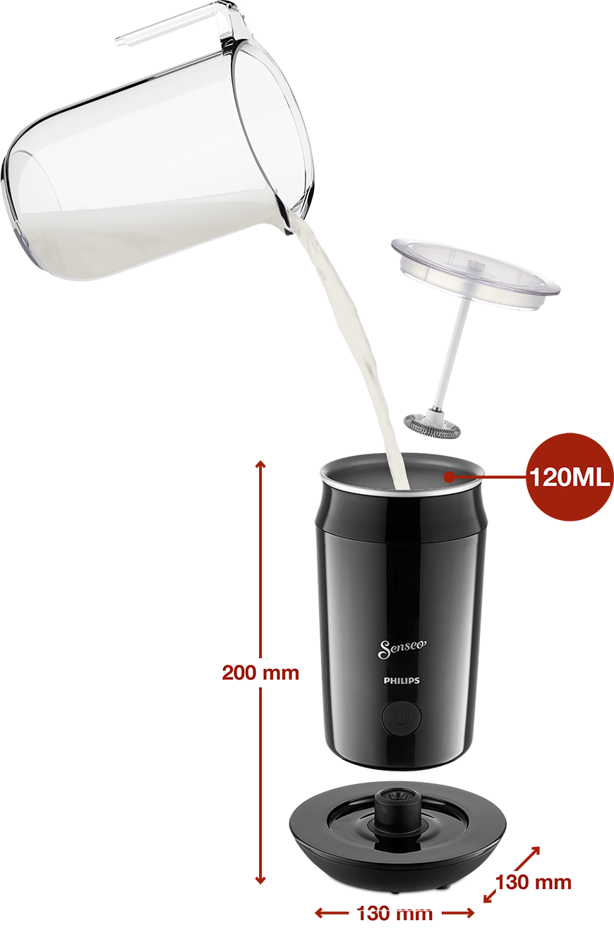 Een zwarte melkopschuimer met een kan die melk erin giet. Afmetingen: 200 mm hoog, 130 mm basis.