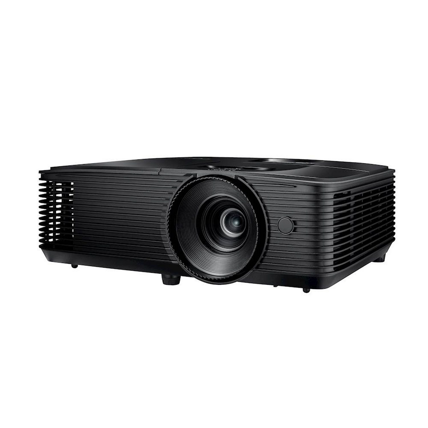 Proyector Optoma negro con lente, ventilación y botón de encendido, sobre fondo blanco.