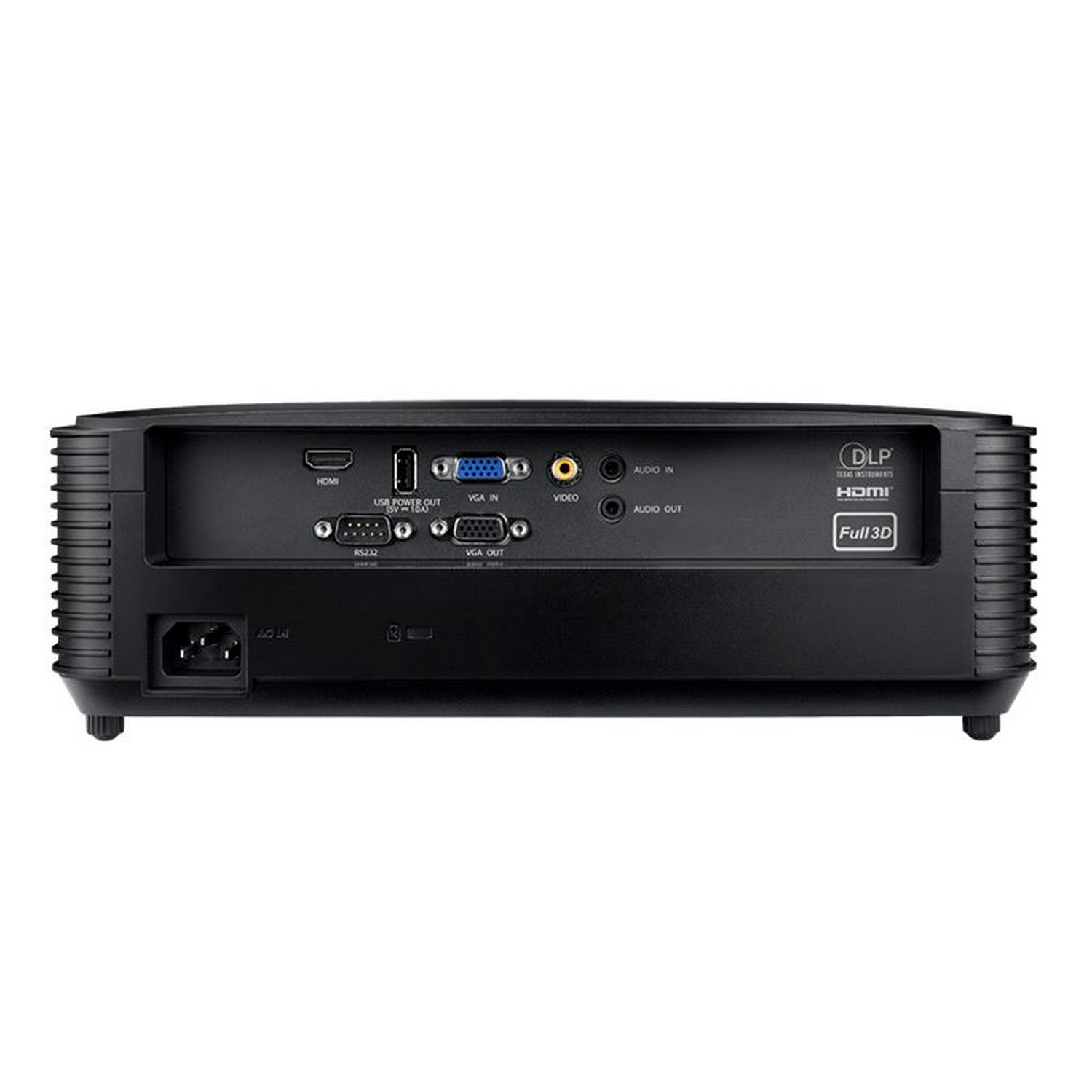 Parte trasera de un proyector negro con varios puertos y conectores, sobre fondo blanco.