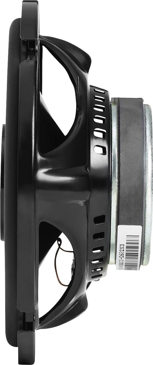A black speaker unit, viewed from the side. The speaker has a circular design with a metallic back.