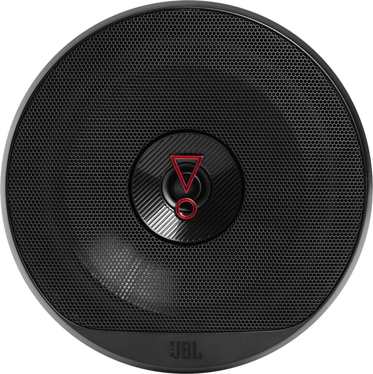 Black JBL speaker with red triangle logo in center.
