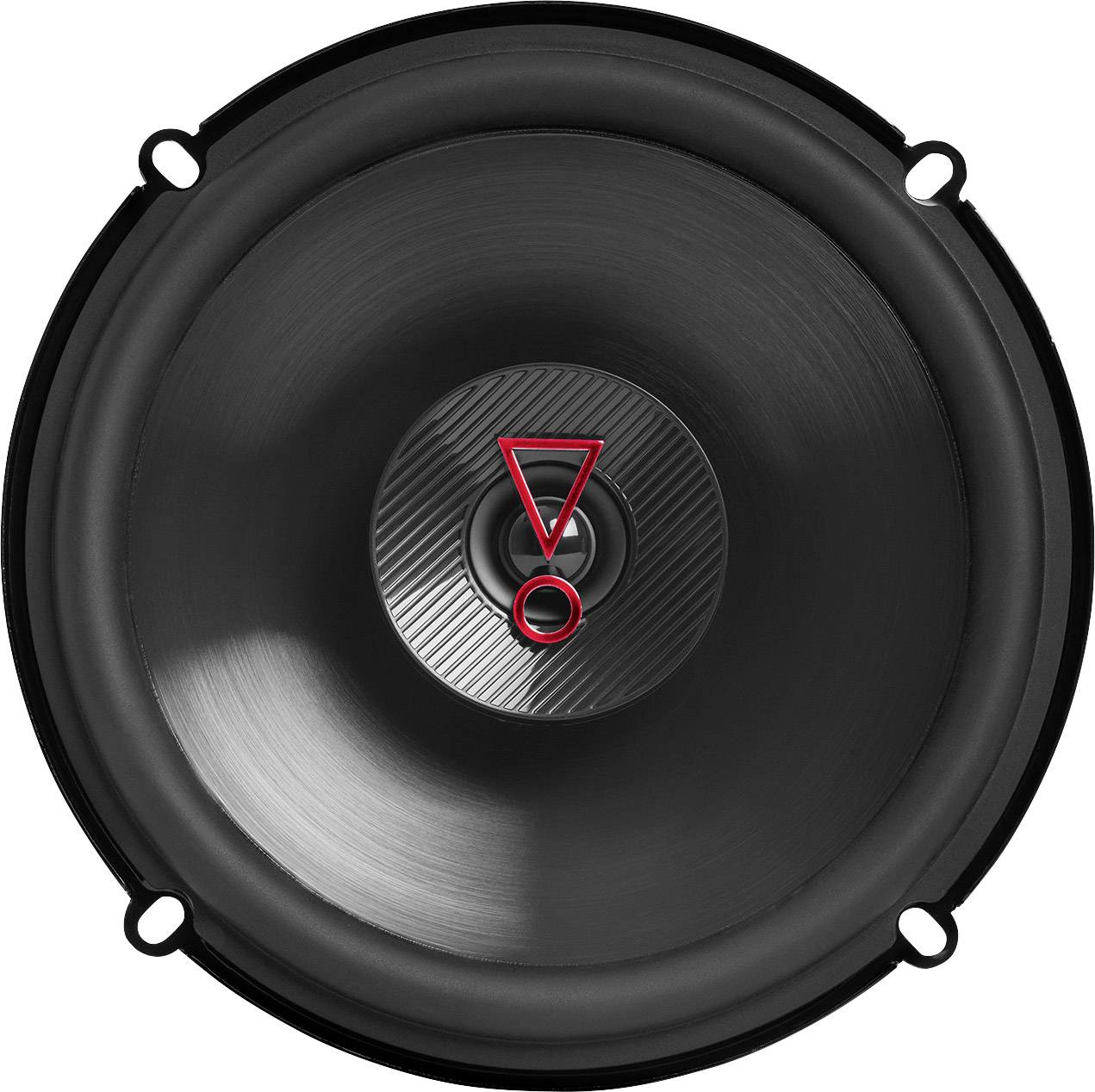 Black speaker with black surround and red logo in the center.