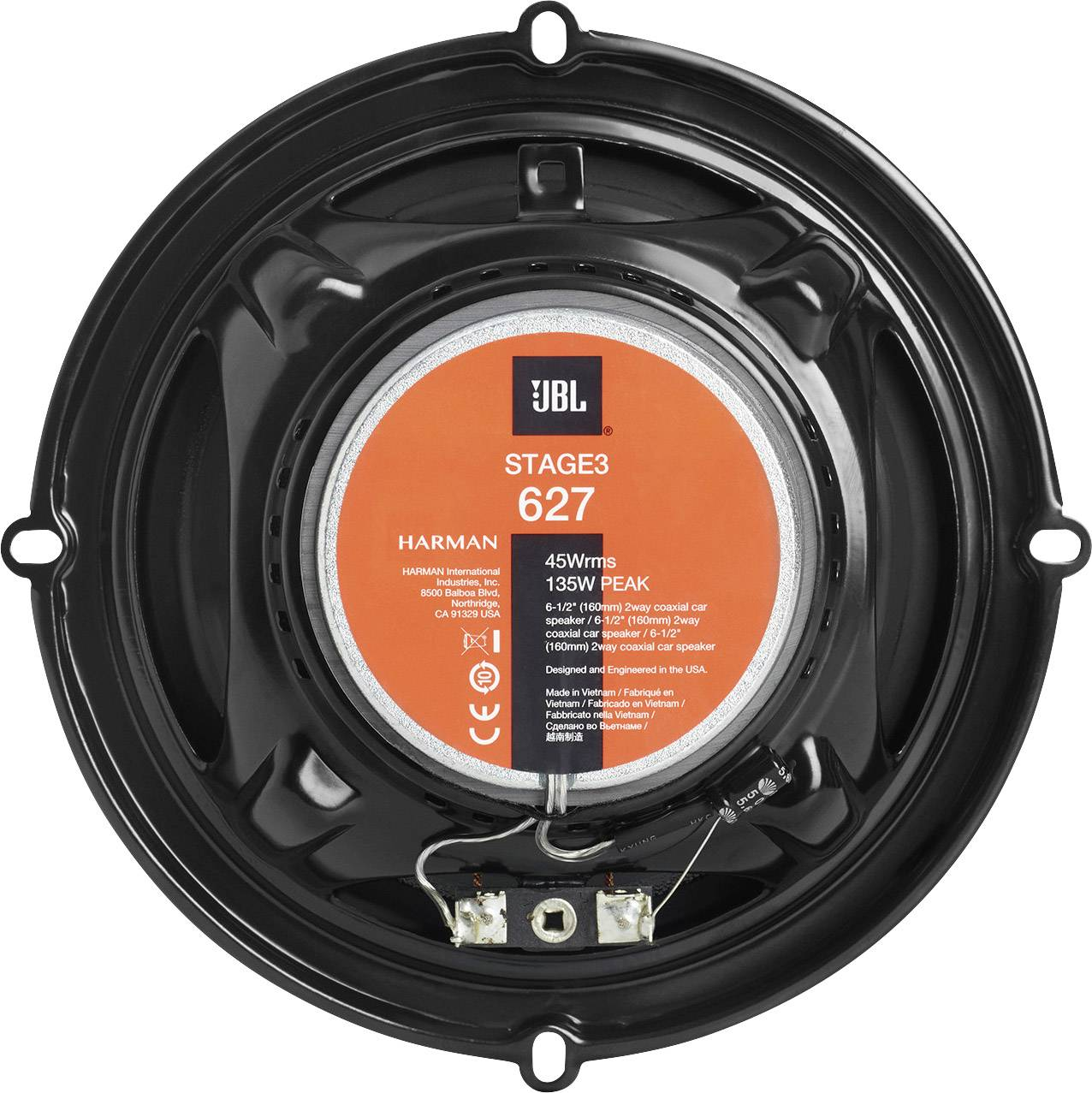 A JBL speaker, black with an orange center, text and details on the front.
