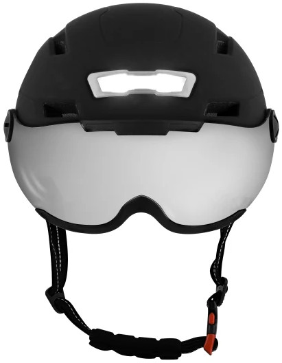Casque de vélo noir et argenté avec visière et lumière blanche réfléchissante. Sangle noire.