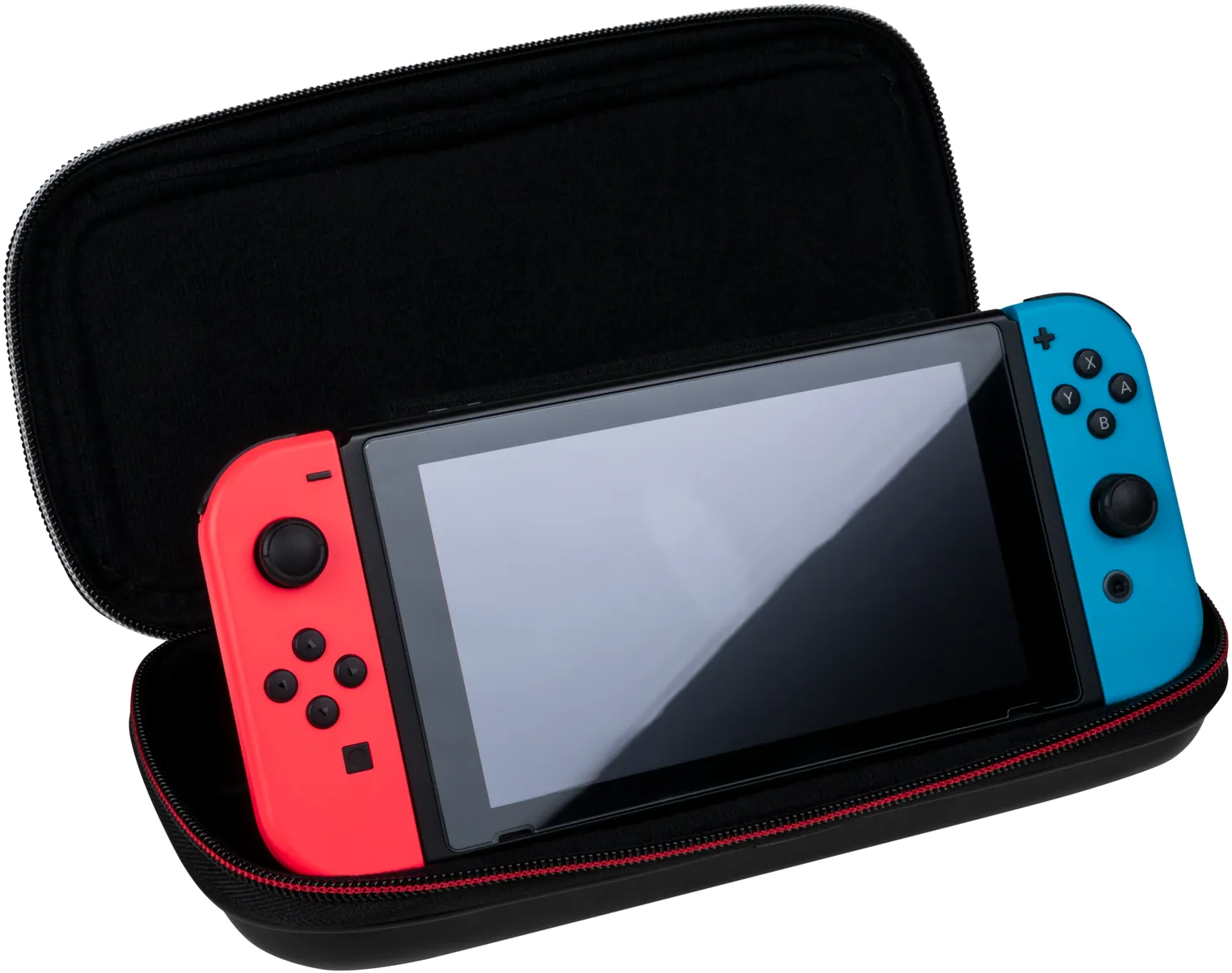 Nintendo Switch-Konsole in einem schwarzen Gehäuse. Die Joy-Cons sind rot und blau.