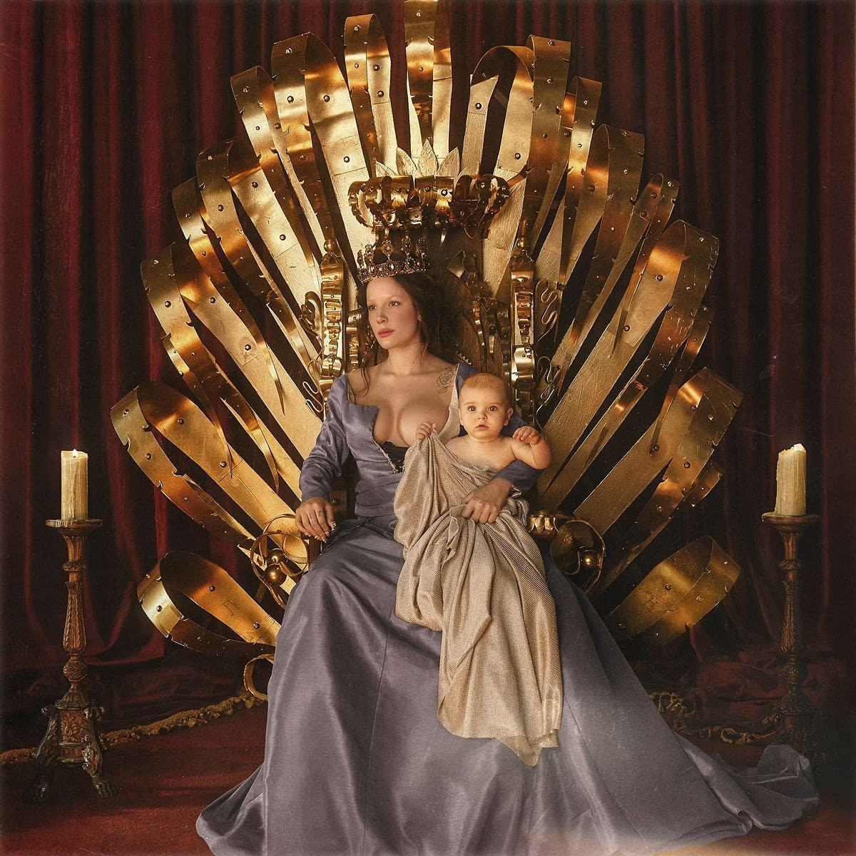 Albumcover. Frau auf goldenem Thron mit Baby. Roter Vorhang im Hintergrund.