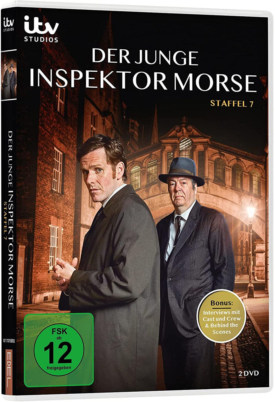 DVD-Hülle von Der Junge Inspektor Morse. Zwei Männer in Mänteln stehen vor einem Gebäude.