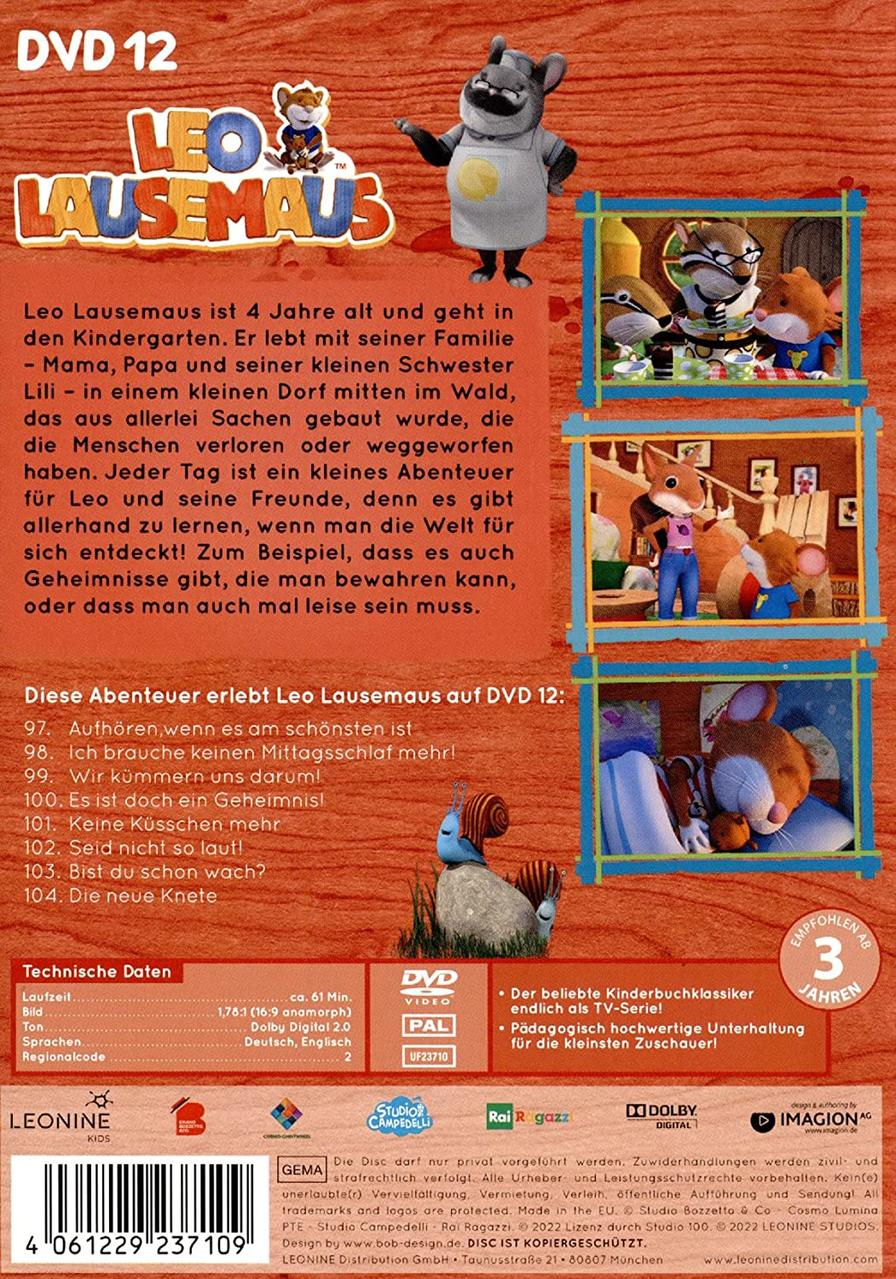 DVD-Cover für Leo Maus. Enthält Zeichentrickfiguren und Text auf Deutsch, zur Förderung der Kinderserie.