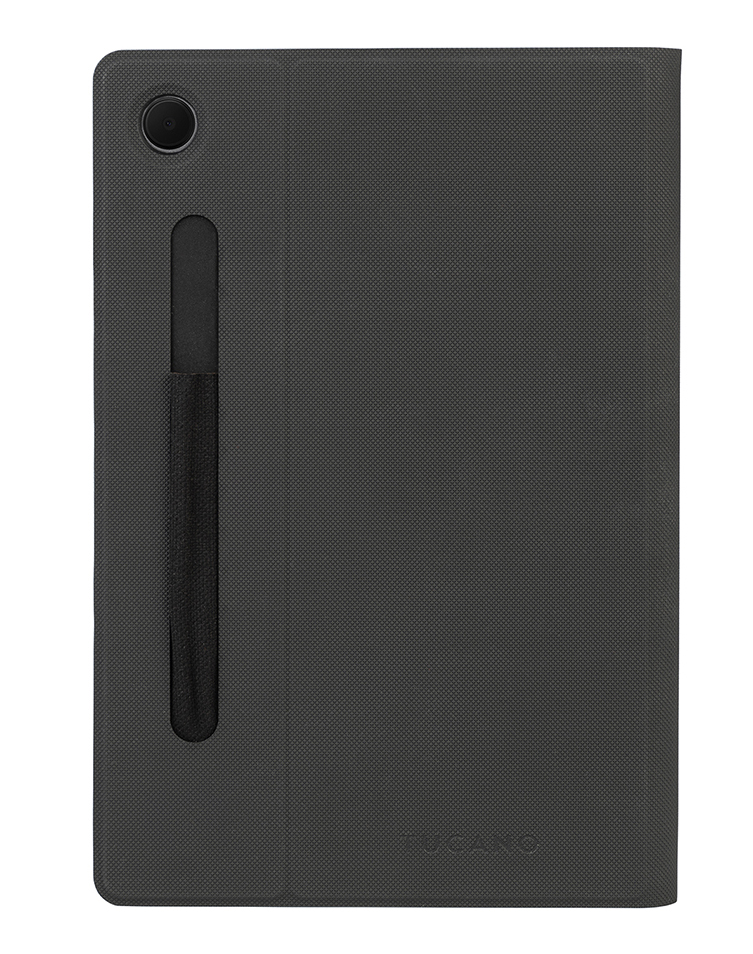 Schwarze Tablethülle mit Stiftschlaufe und Tablet, TUCANO-Logo unten.