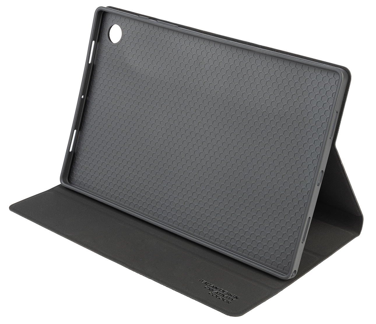 Ein Tablet in einer dunkelgrauen Hülle, offen, das Innere zeigend.