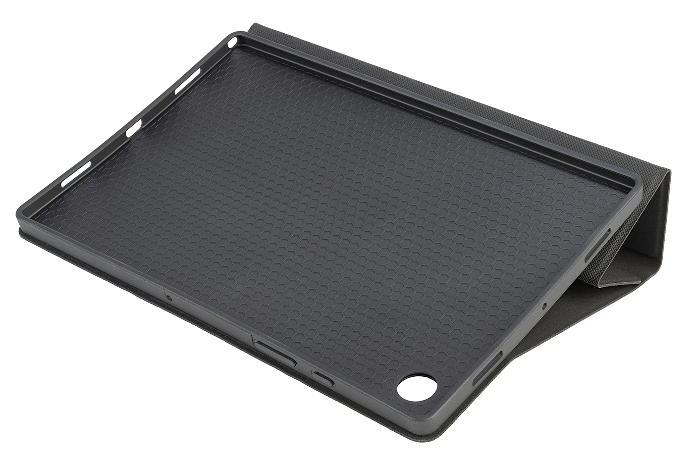 Tablet-Hülle, dunkelgrau, offen. Innenansicht mit Wabenmuster und Rahmen.