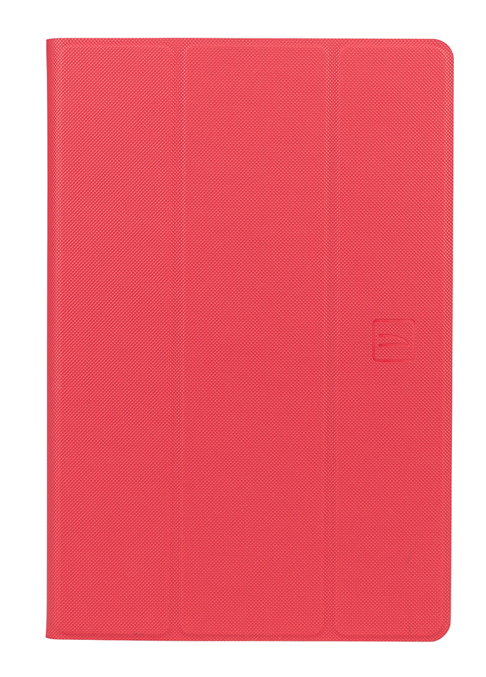 Rote Tablet-Hülle, geschlossen. Die Hülle hat eine strukturierte Oberfläche, die Ecke hat ein Logo.