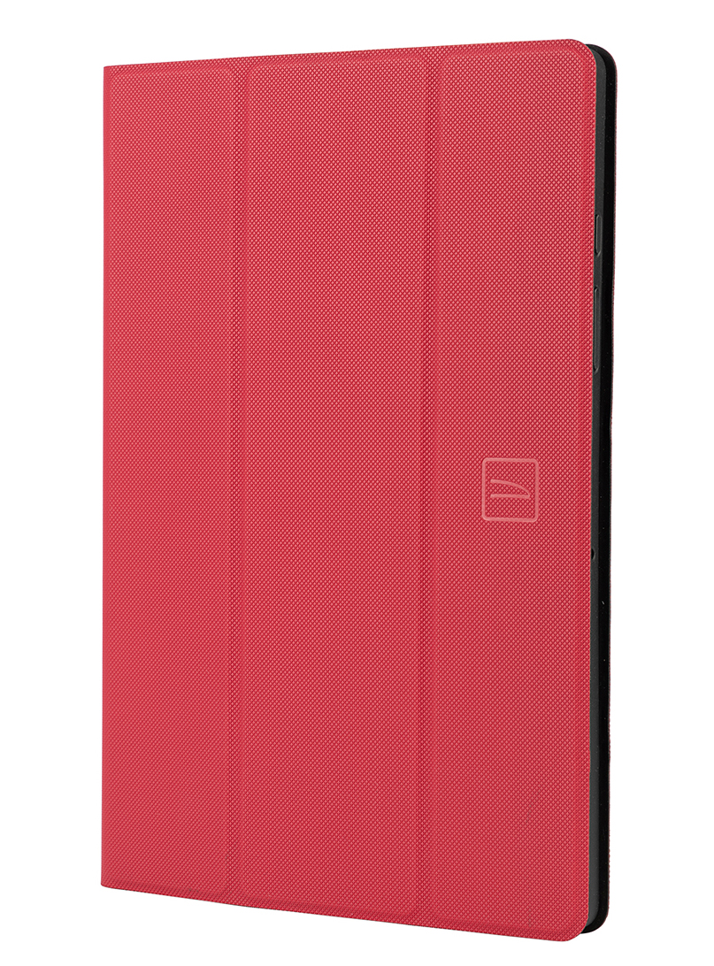 Eine rote Tablet-Hülle in geschlossener Position, mit sichtbarer Abdeckung und Wirbelsäule.