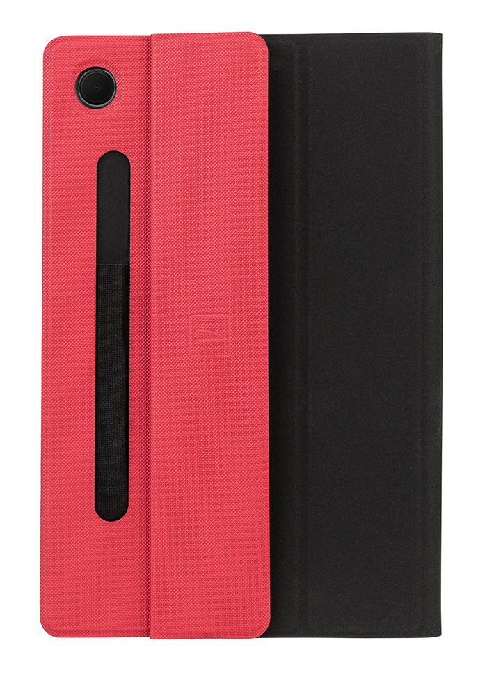 Eine rote Tablet-Hülle, geöffnet, mit schwarzem Innenraum und Handschlaufe.