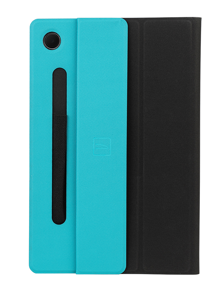 Eine blaue Tablethülle mit schwarzem Riemen und schwarzem Cover. Die Hülle hat eine Kamera und ein kleines Logo.