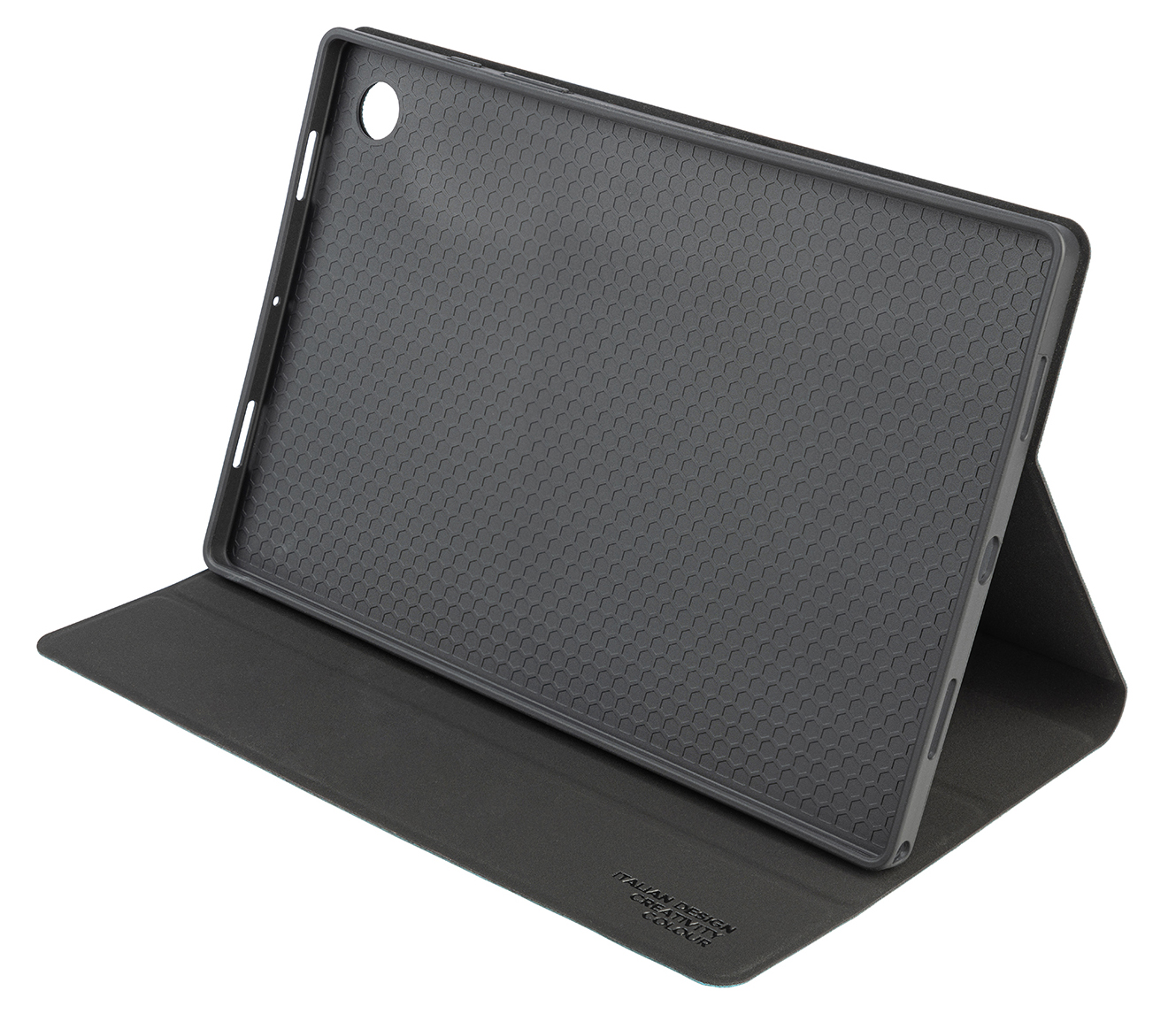 Eine Tablet-Hülle ist geöffnet und zeigt das Innere mit einem Wabenmuster. Die Hülle ist grau und hat eine Standfunktion.
