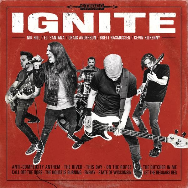 Pochette d'album du groupe Ignite. Cinq membres du groupe sur scène, fond rouge.