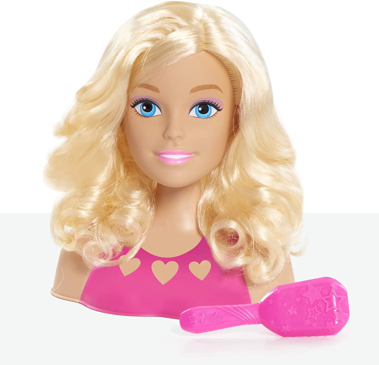 Barbie Styling-Kopf mit blonden Locken, blauen Augen, pinkem Lippenstift und einer rosa Bürste.