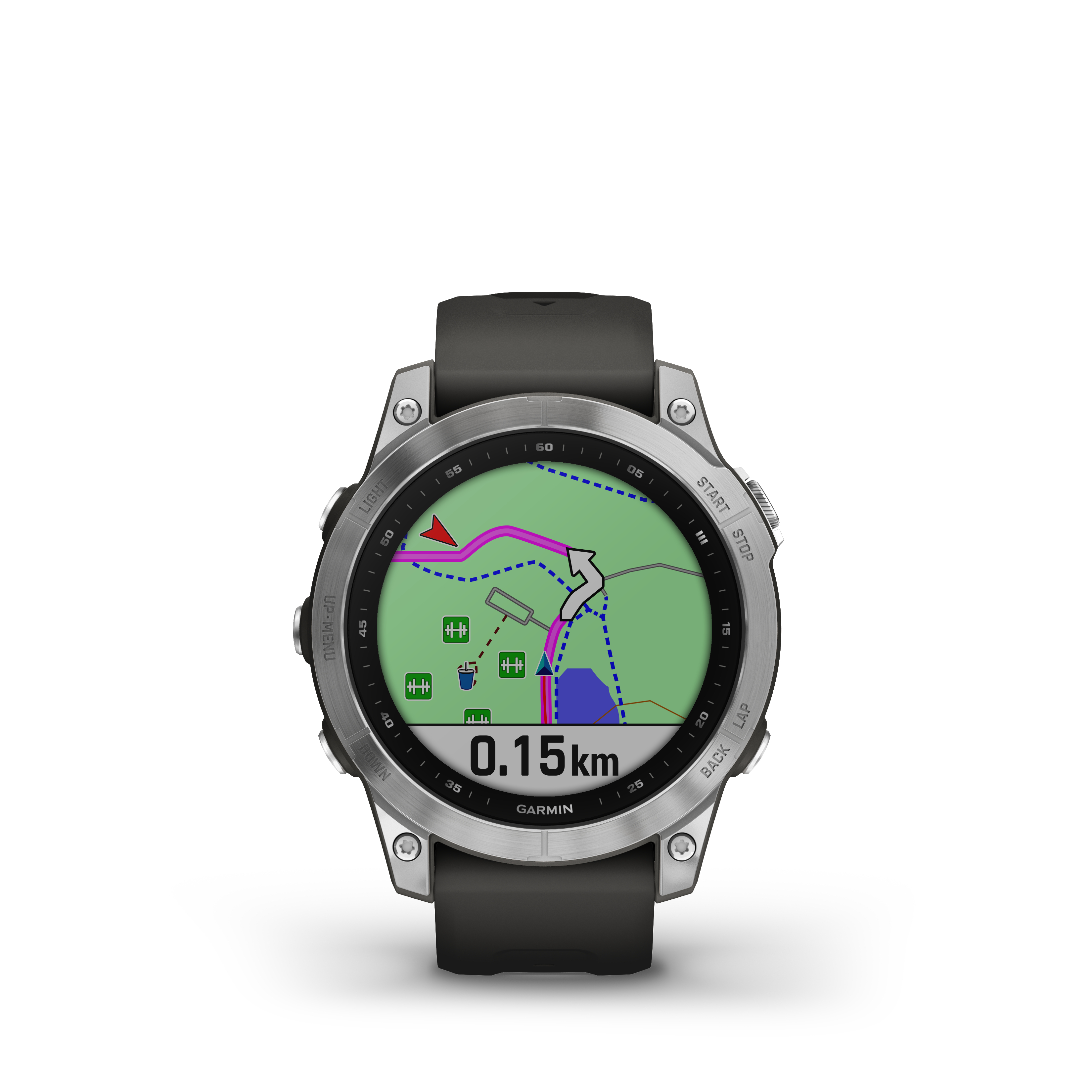 Garmin Smartwatch zeigt eine Karte mit einer Route. Die Uhr hat eine silberne Lünette und ein schwarzes Band.