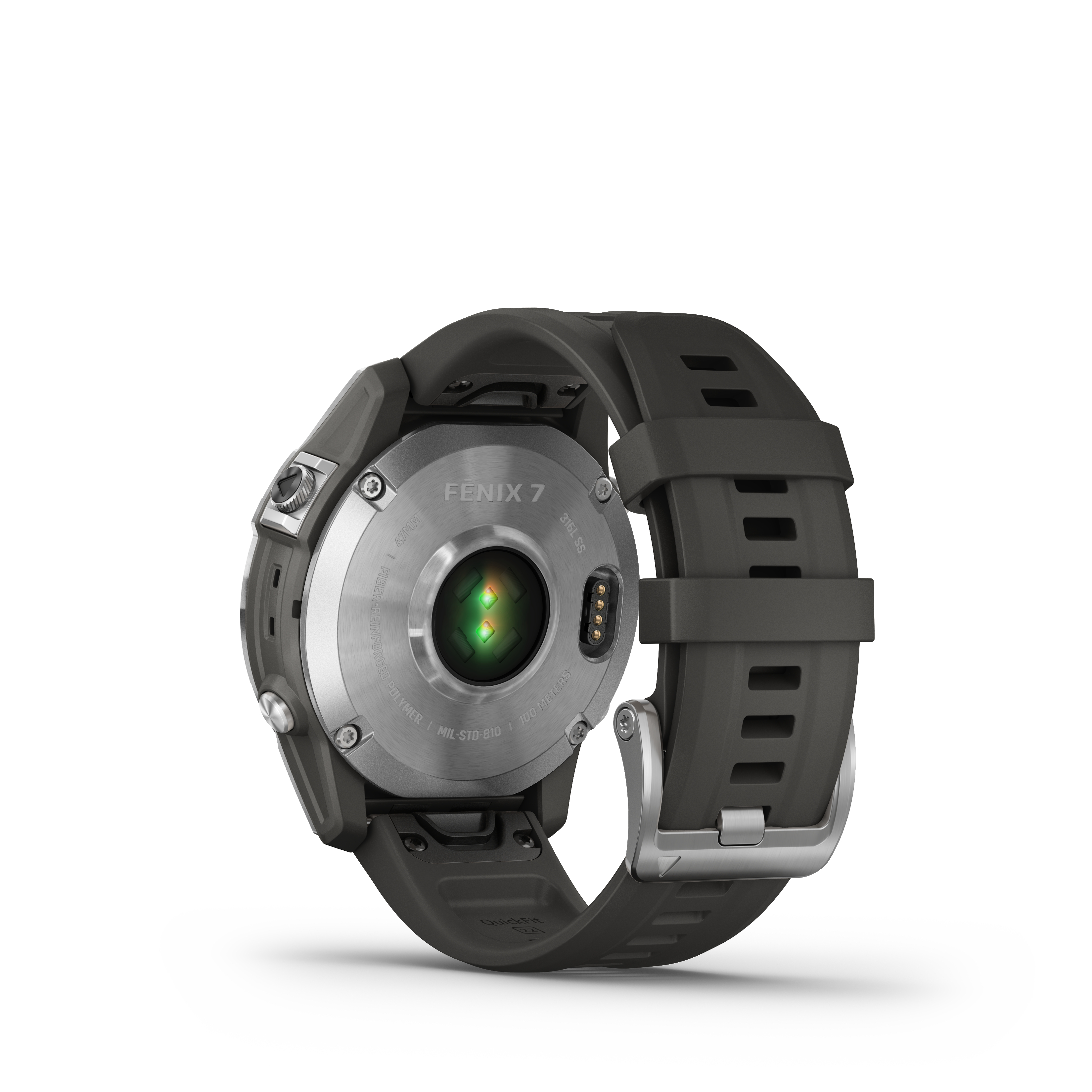 Rückansicht der schwarzen Garmin-Uhr mit Herzfrequenzsensor und Details auf der Rückseite.