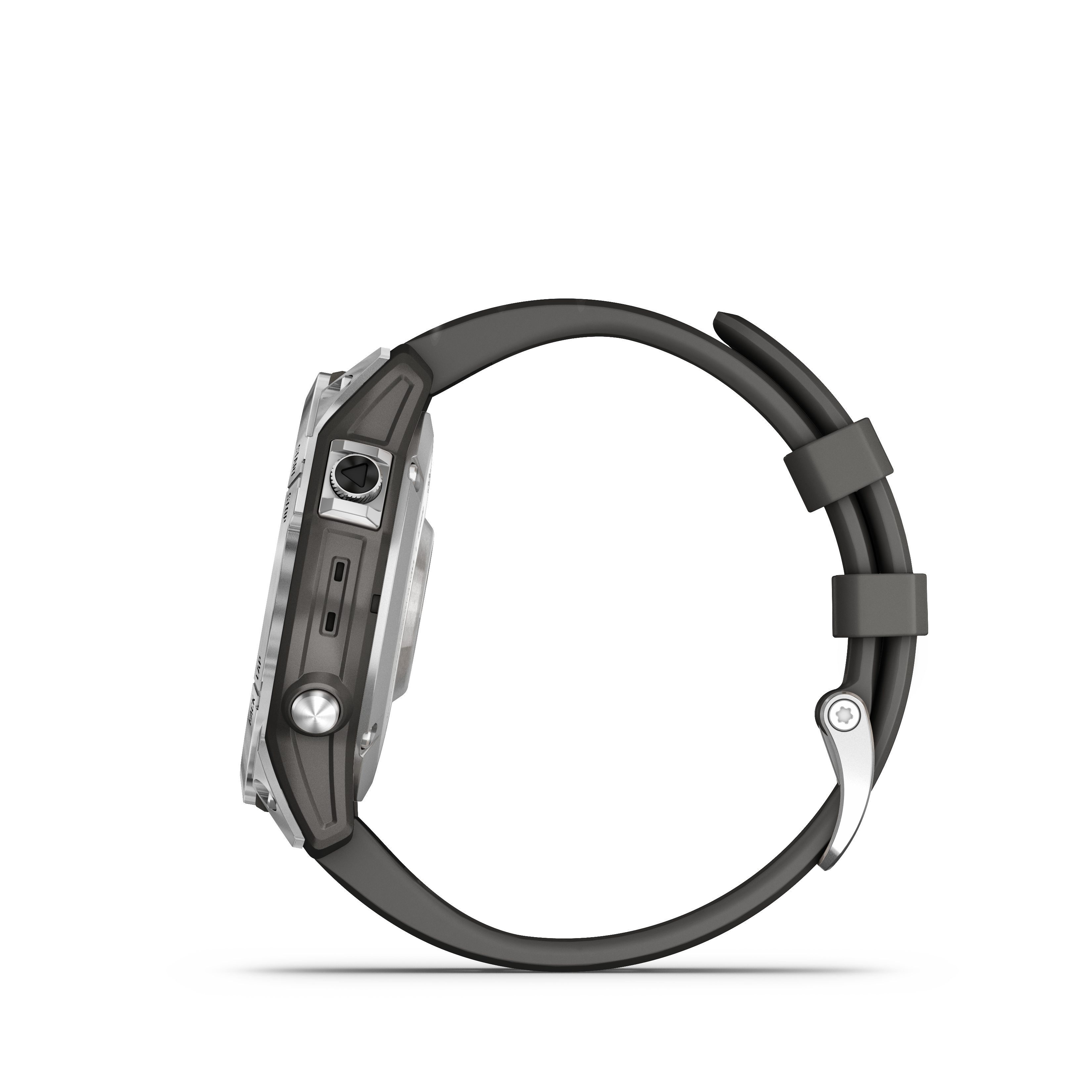 Seitenansicht einer grauen Garmin Smartwatch mit schwarzem Armband auf weißem Hintergrund.