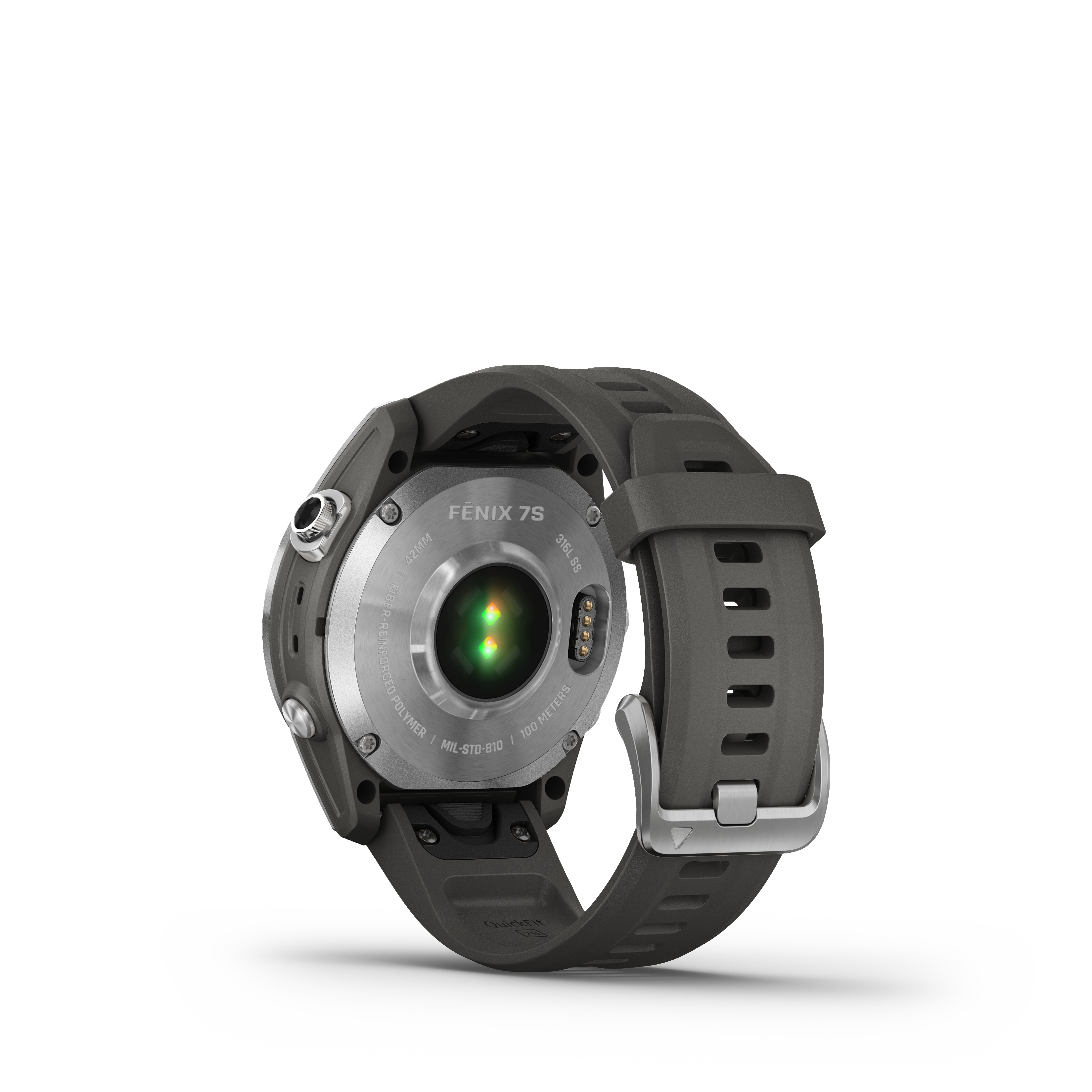 Garmin Fenix 7S Uhr, Rückansicht. Es ist dunkelgrau mit Metall und Herzfrequenzsensor.