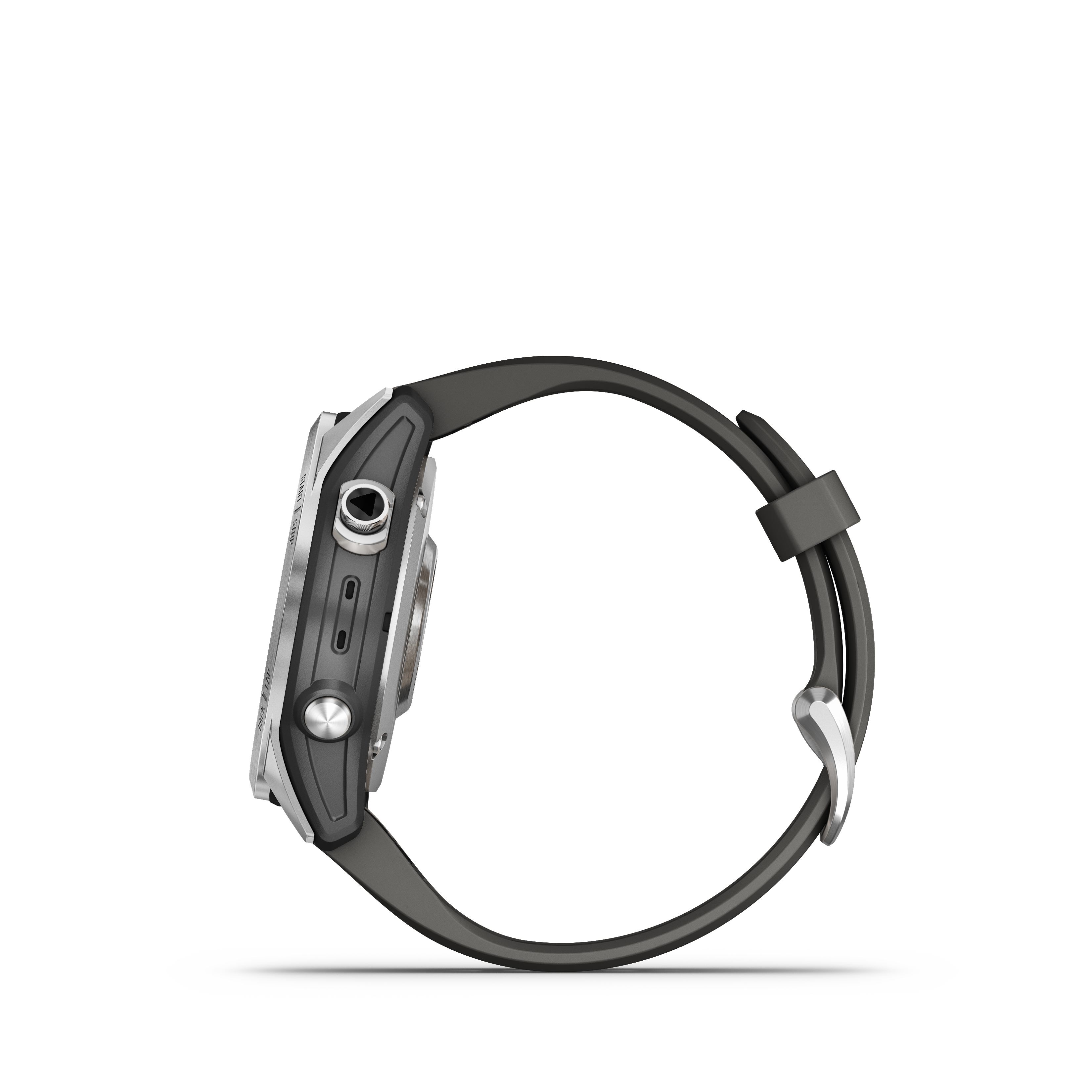 Seitenansicht einer Smartwatch mit schwarzem Armband. Das Design ist minimalistisch.