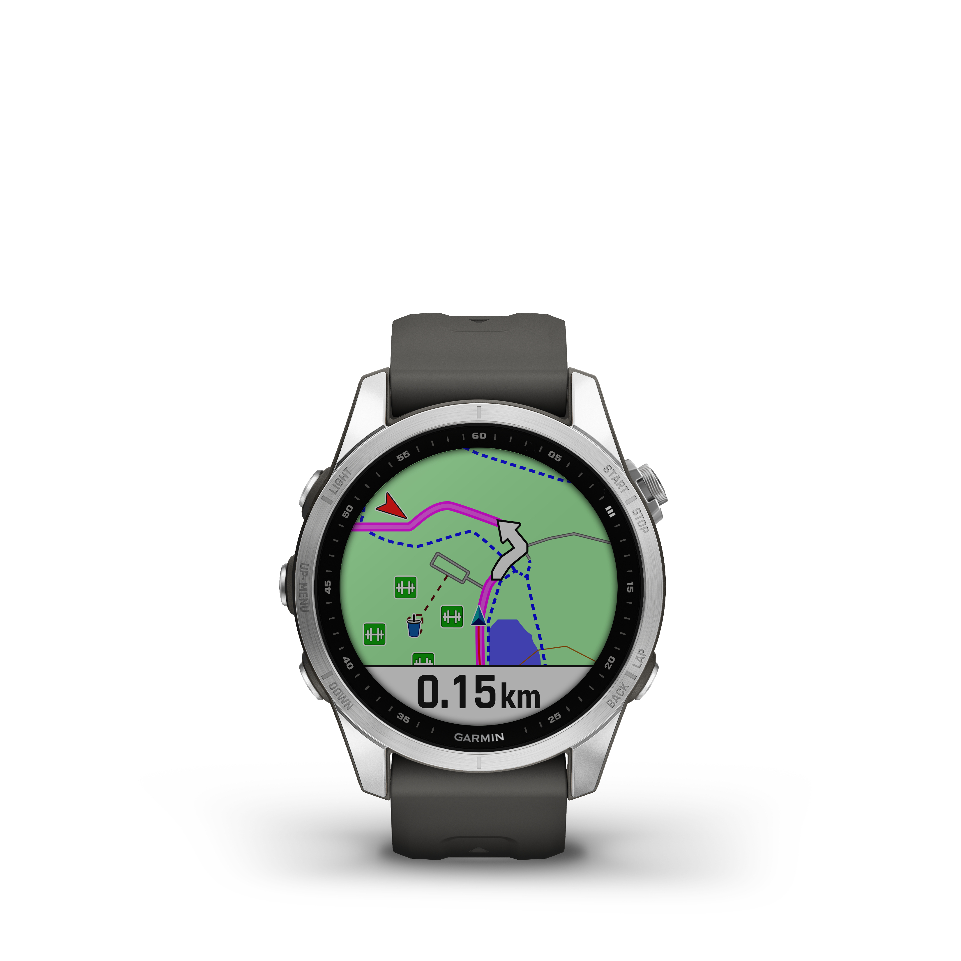 Eine Garmin Smartwatch, die eine Karte mit einer Route auf dem Bildschirm anzeigt.