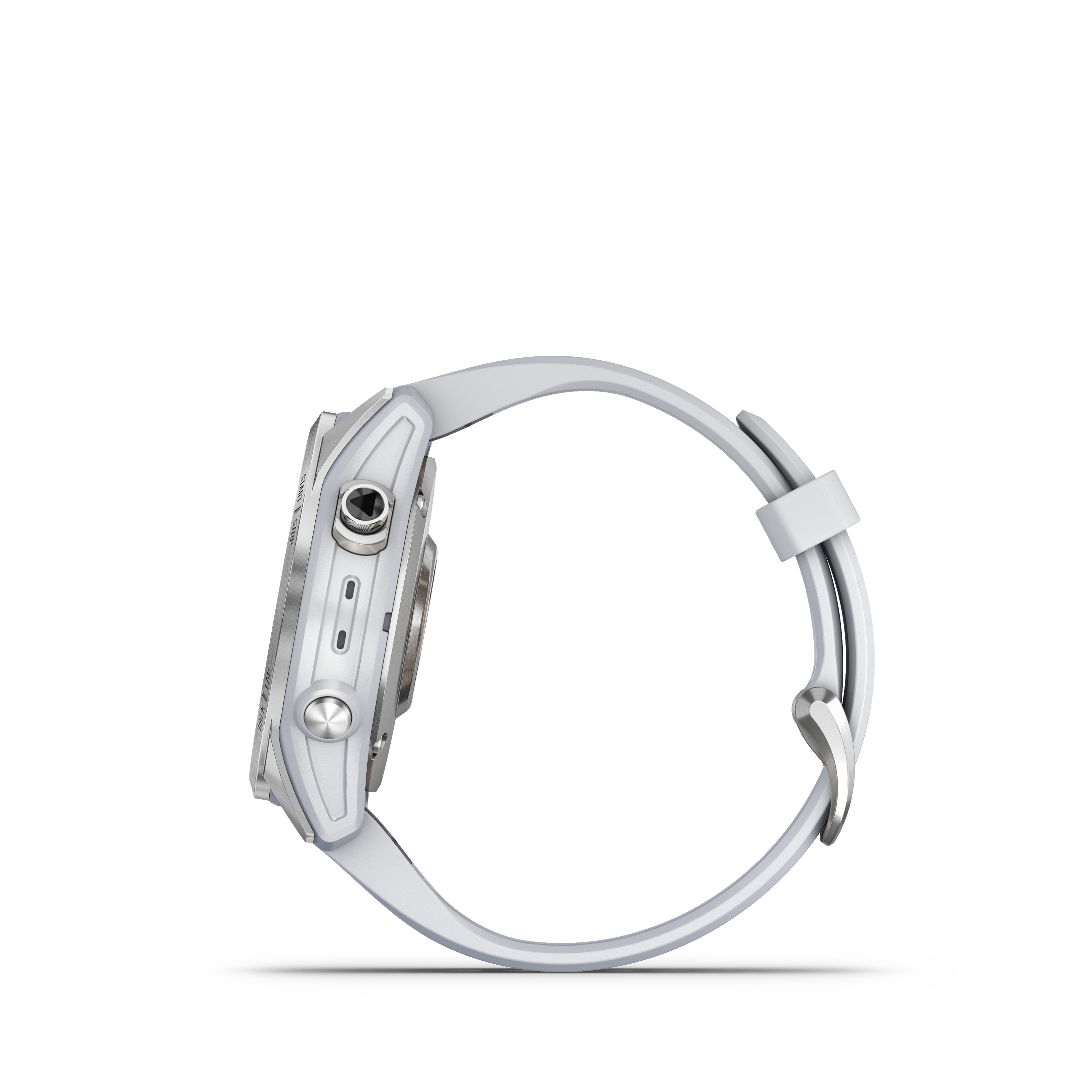 Seitenansicht einer weißen Garmin Smartwatch. Weißes Armband und silbernes Zifferblatt. Weißer Hintergrund.