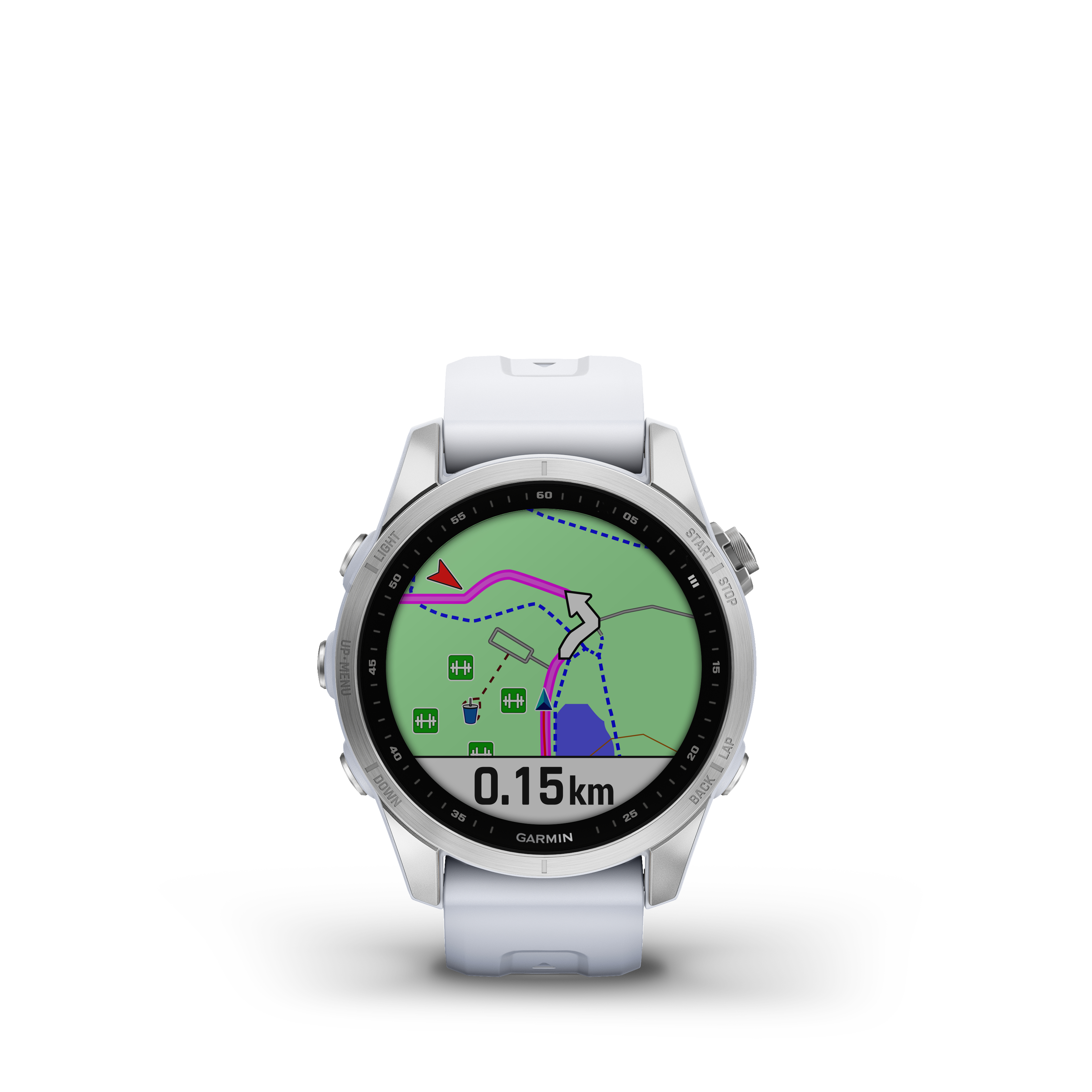 Eine Garmin-Uhr, die eine Kartenoberfläche mit einer Route anzeigt, vor weißem Hintergrund.
