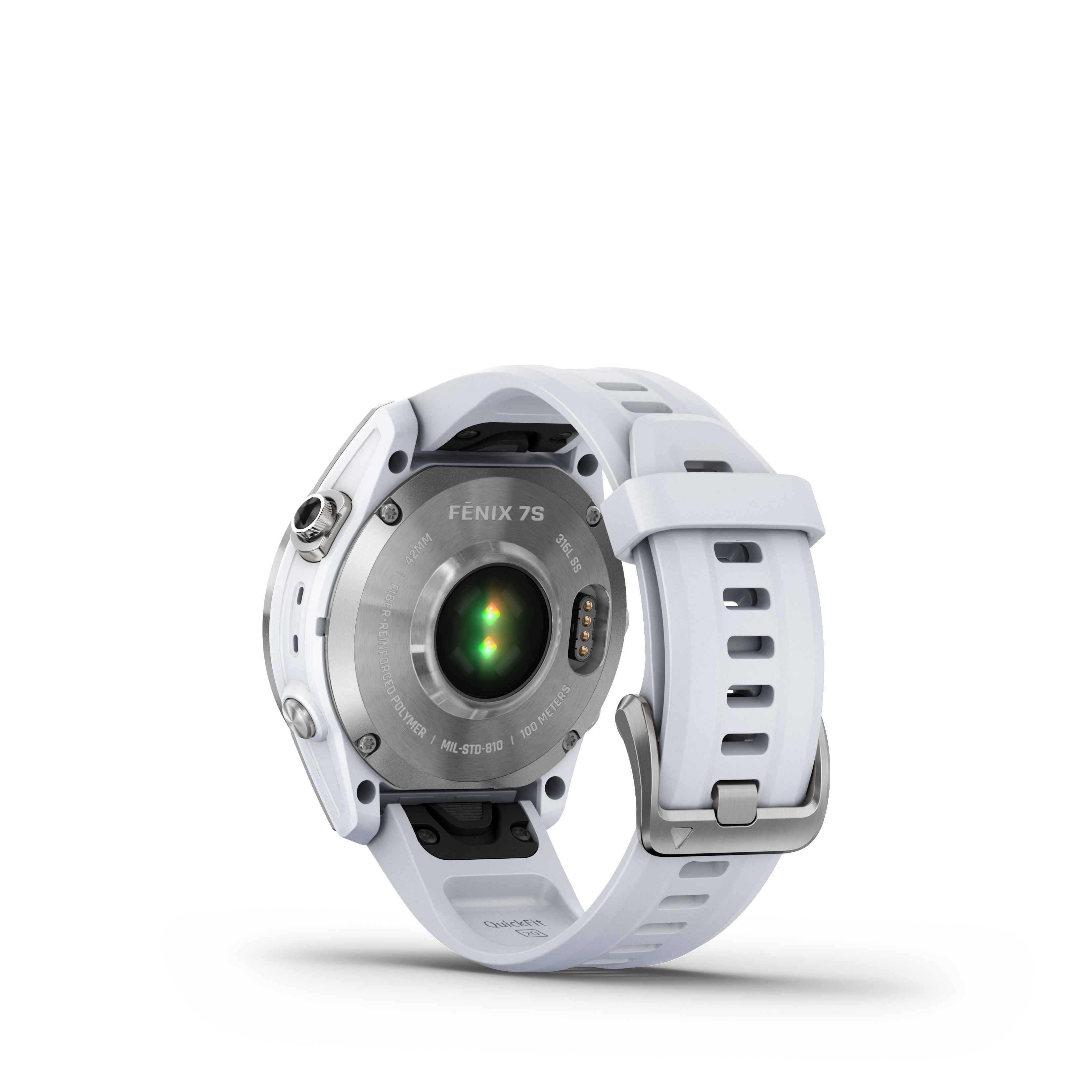 Rückseite der weißen Garmin Fenix 7S Uhr. Die Uhr zeigt die Sensoren und Bandbefestigung.