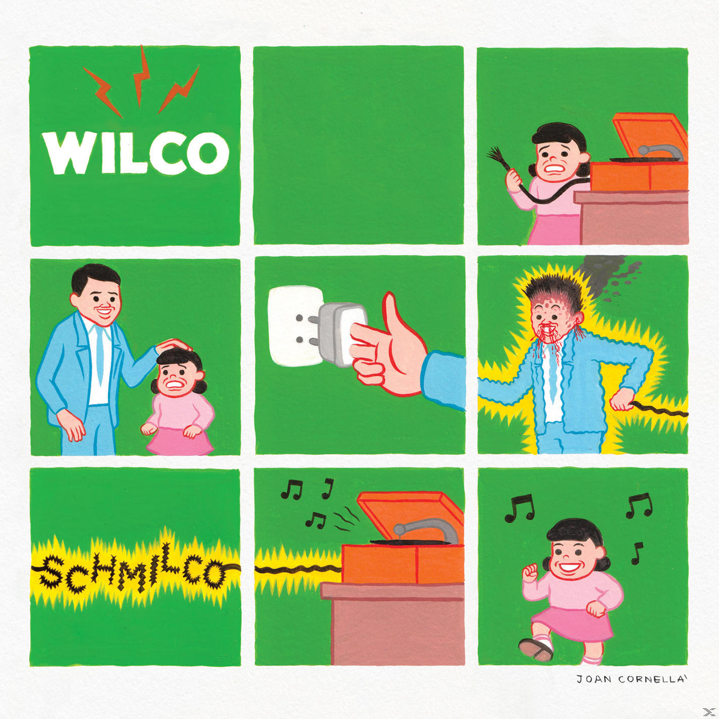 Stripverhaal: Wilco-logo, een man en meisje, een stekker en een platenspeler met muzieknoten.