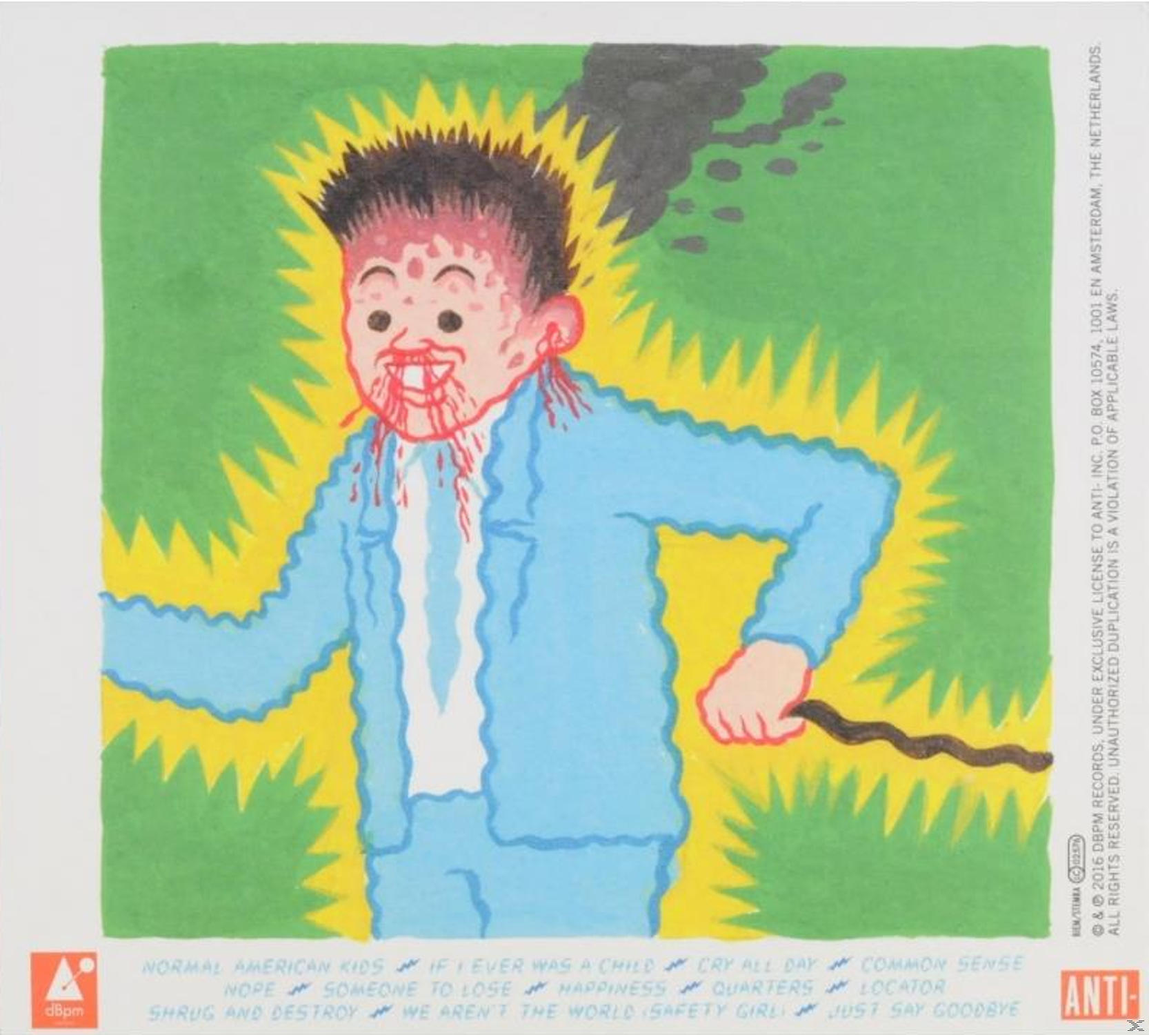 Cartoonachtige afbeelding van een persoon met bloed en gele achtergrond.