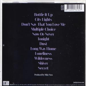 Rückseite eines Albums mit einer Liste von Songs. Der Text ist weiß auf dunklem lila Hintergrund. Anti-Logo.