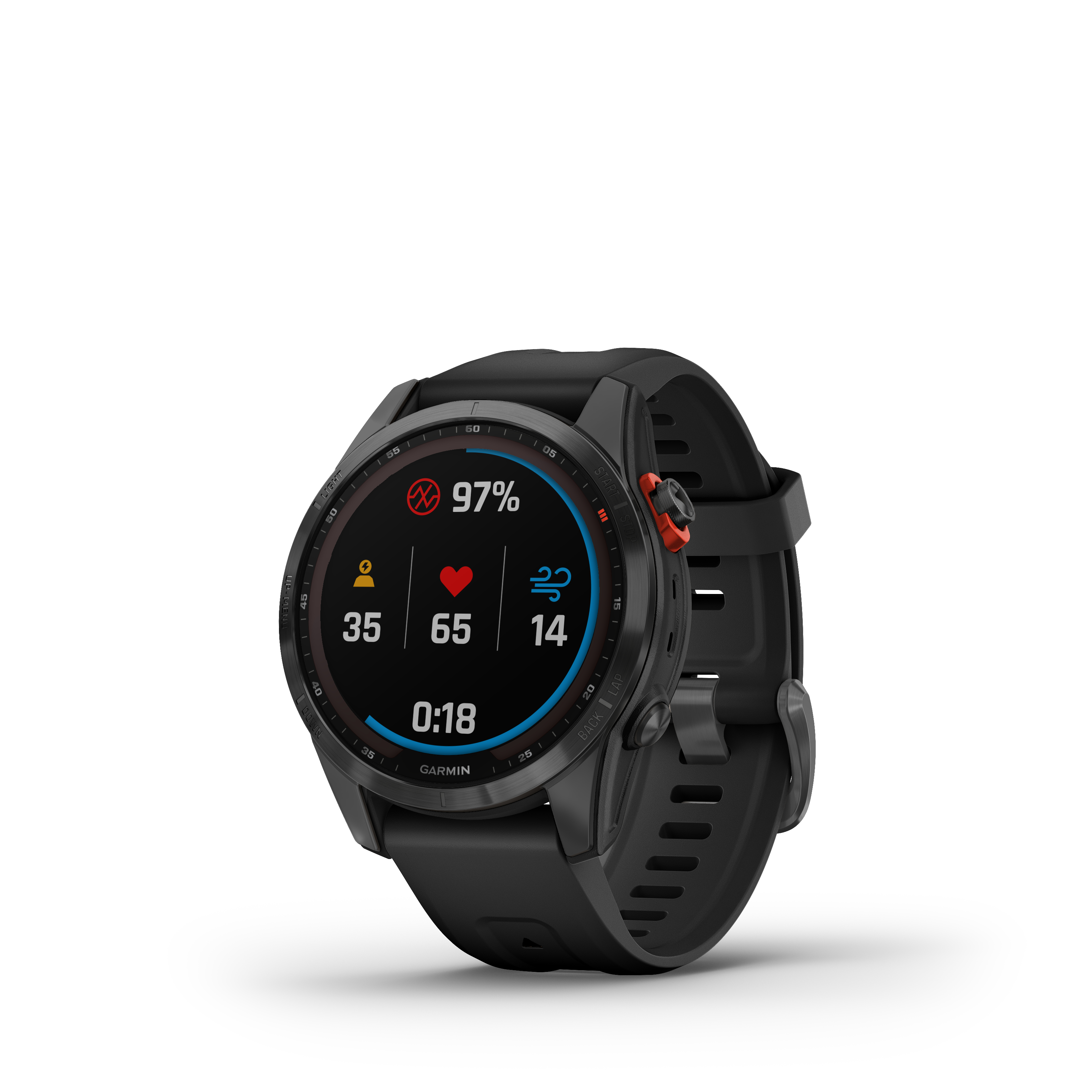 Eine schwarze Smartwatch, die Gesundheitsmetriken anzeigt: Akku, Herzfrequenz und Aktivitätsniveau.