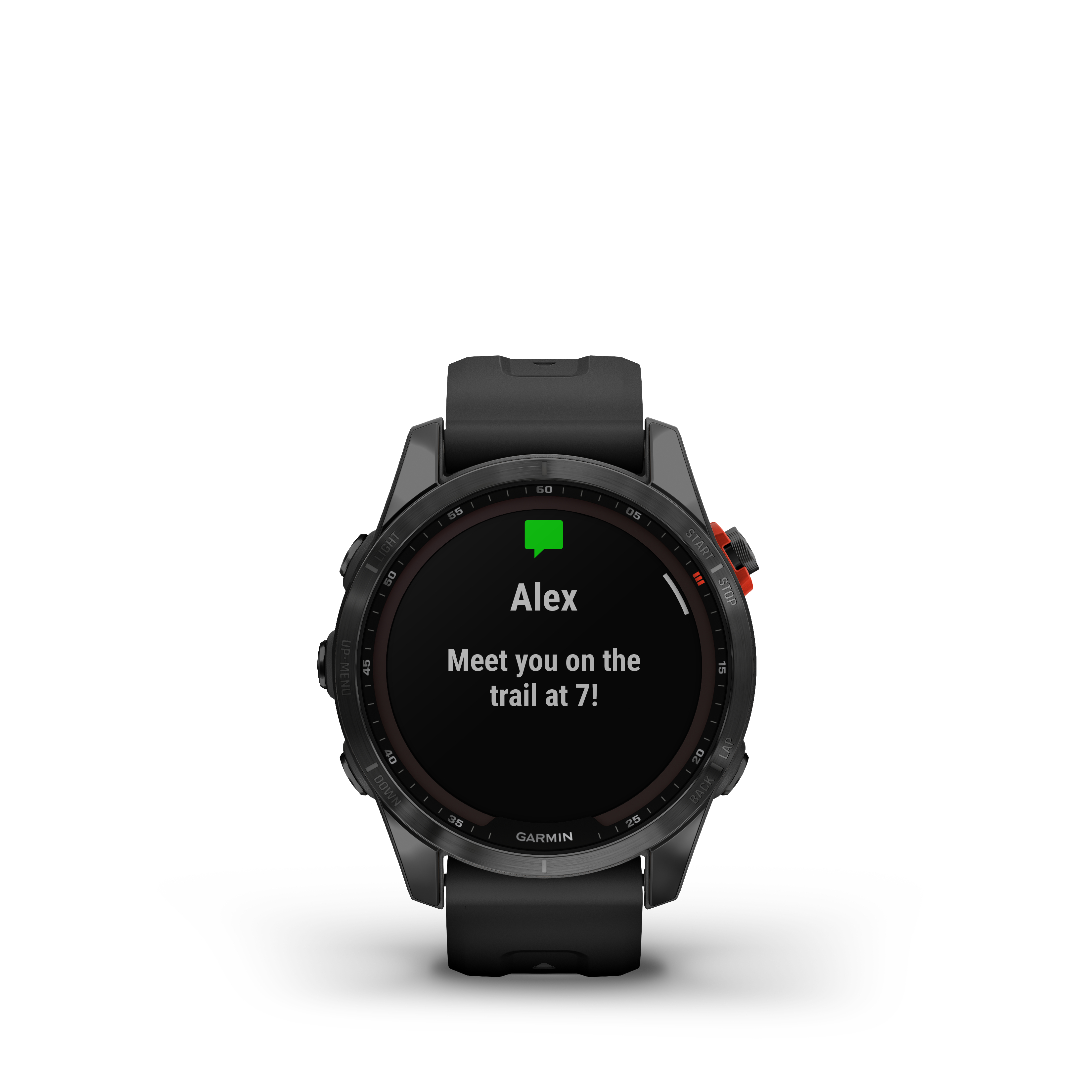 Schwarze Smartwatch mit Nachricht 'Wir sehen uns um 7 auf dem Trail!' auf dem Bildschirm.