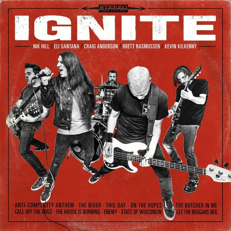 Membres du groupe sur la pochette de l'album 'Ignite' avec un fond rouge.