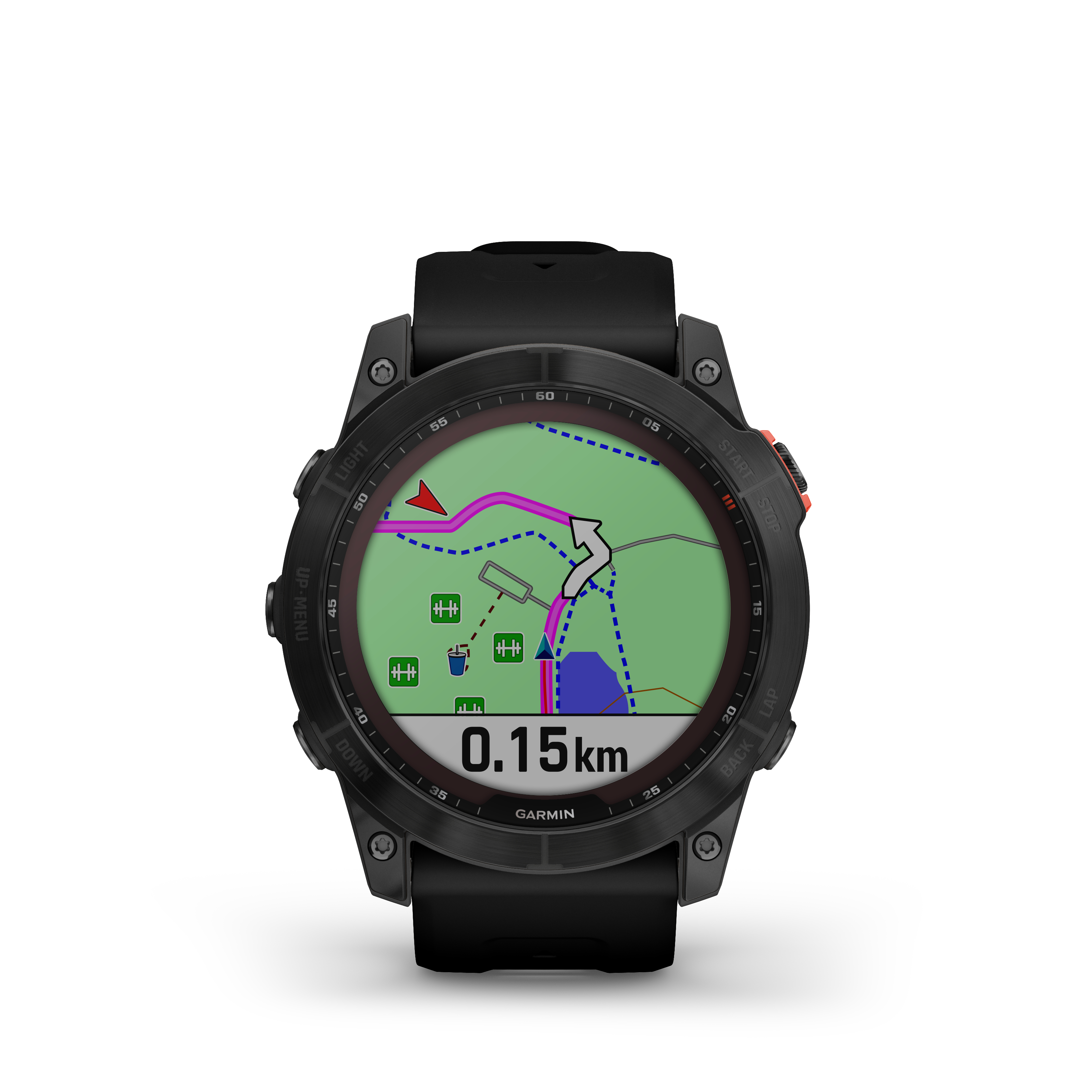 Schwarze Garmin Smartwatch mit Karte. Routenanzeige und 0,15 km Entfernung.